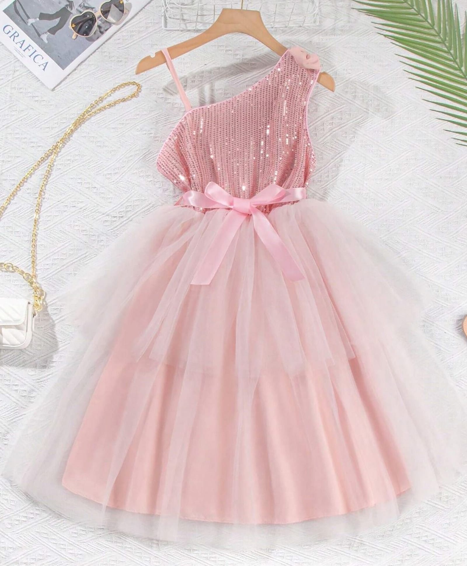 The Kids Club Cotton Knit Sleeveless Bow Applique Detailed Sequins Embellished Dress - Pink-picture-40