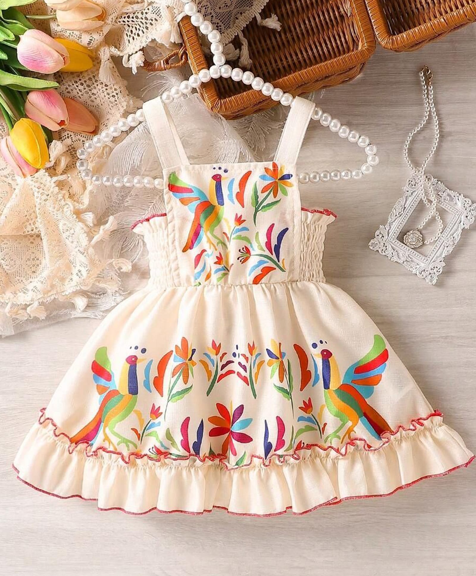 The Kids Club Cotton Knit Sleeveless Floral & Birds Printed Dress - Cream-image-0