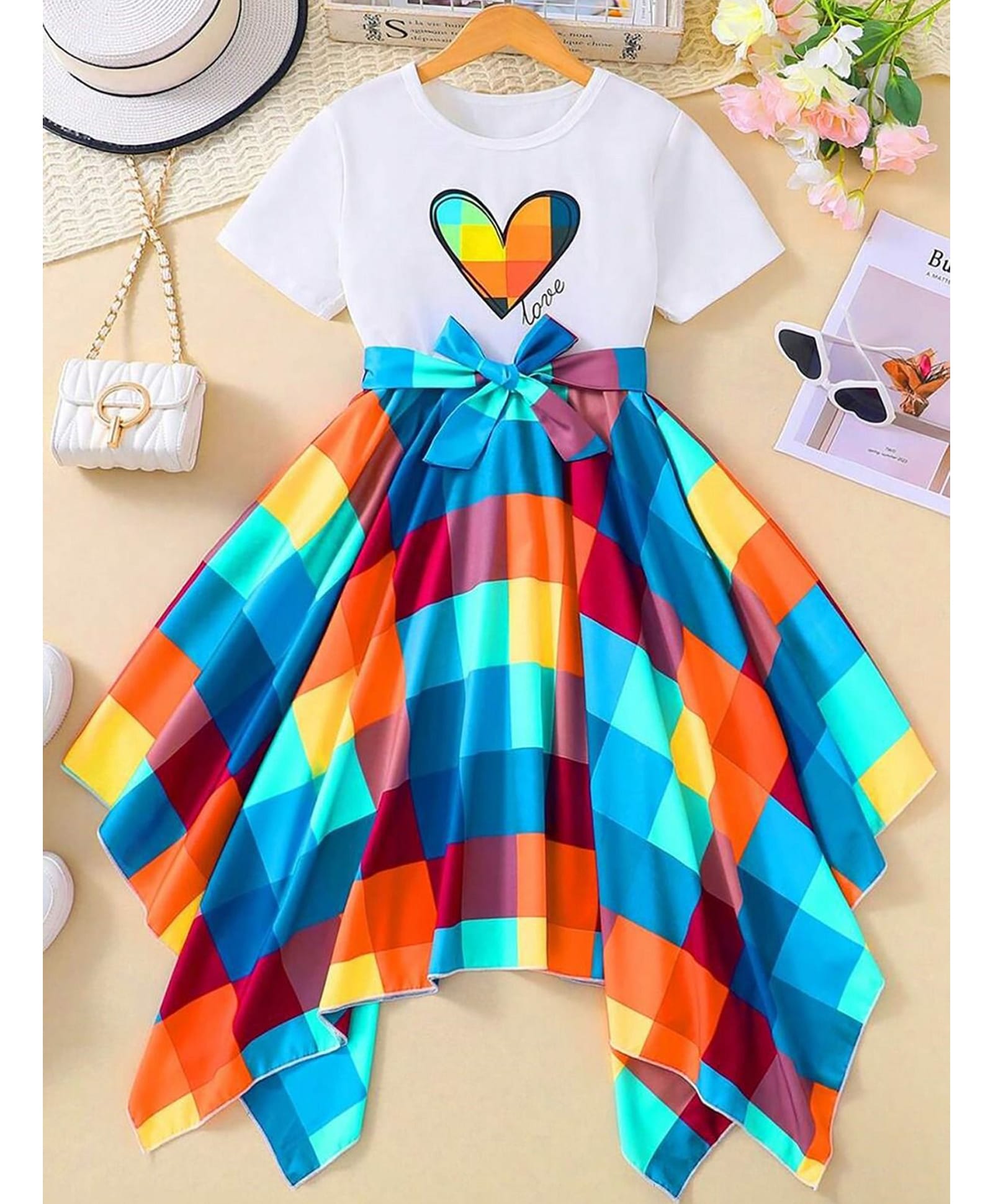 The Kids Club Cotton Knit Half Sleeves Checked & Heart Printed Asymmetrical Dress - Multi Colour-image-24