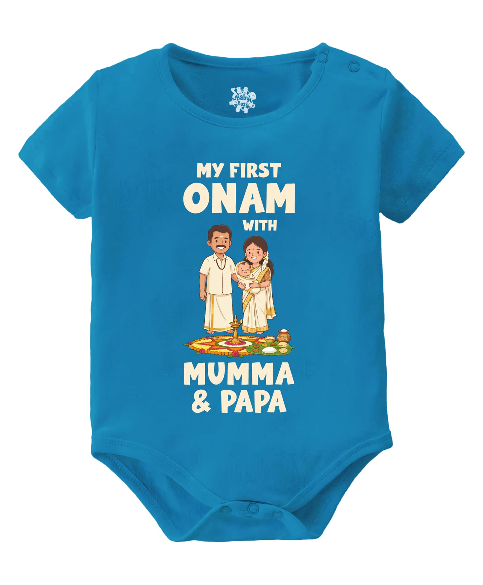 Baby Buzz 100% Cotton Knit Onam Theme Half Sleeves My First Onam With Mummy & Papa Text Printed Onesie - Blue-picture-11