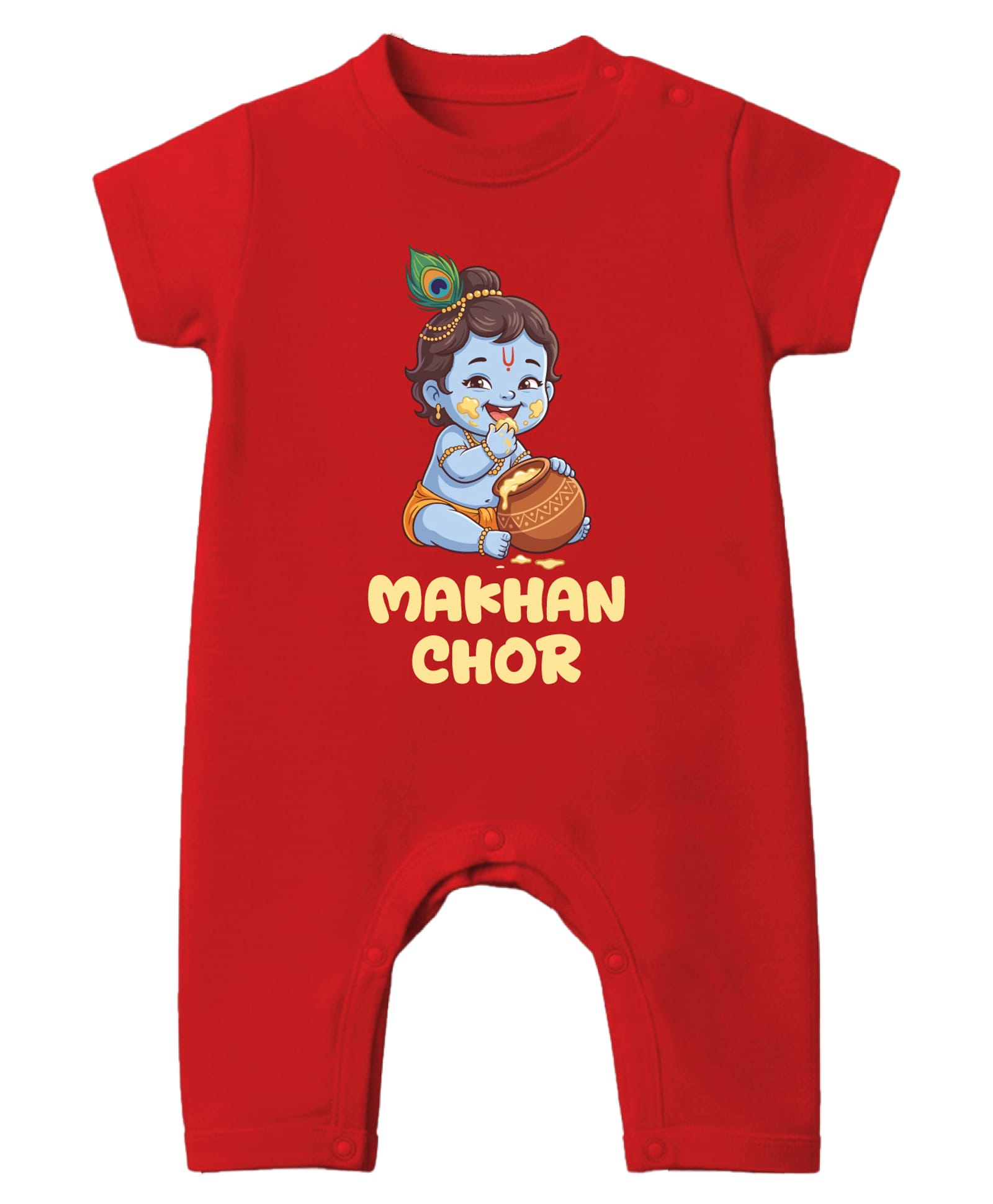 Baby Buzz 100% Cotton Knit Janmashtami Theme Half Sleeves Makhan Chor Text Printed Romper - Red-picture-28