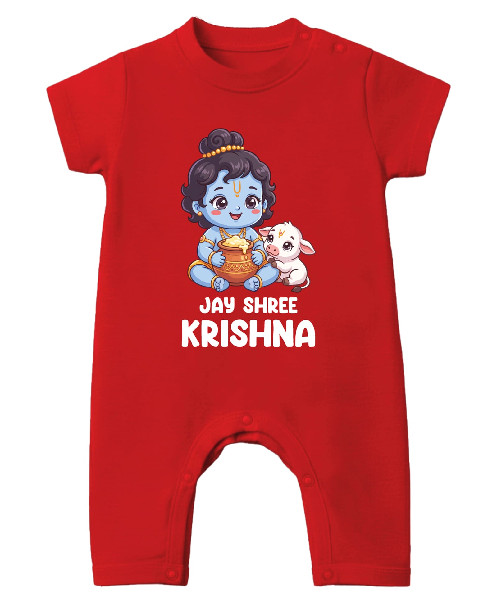 Baby Buzz 100% Cotton Knit Janmashtami Theme Half Sleeves Jai Shree Krishna Text Printed Romper - Red-image-25