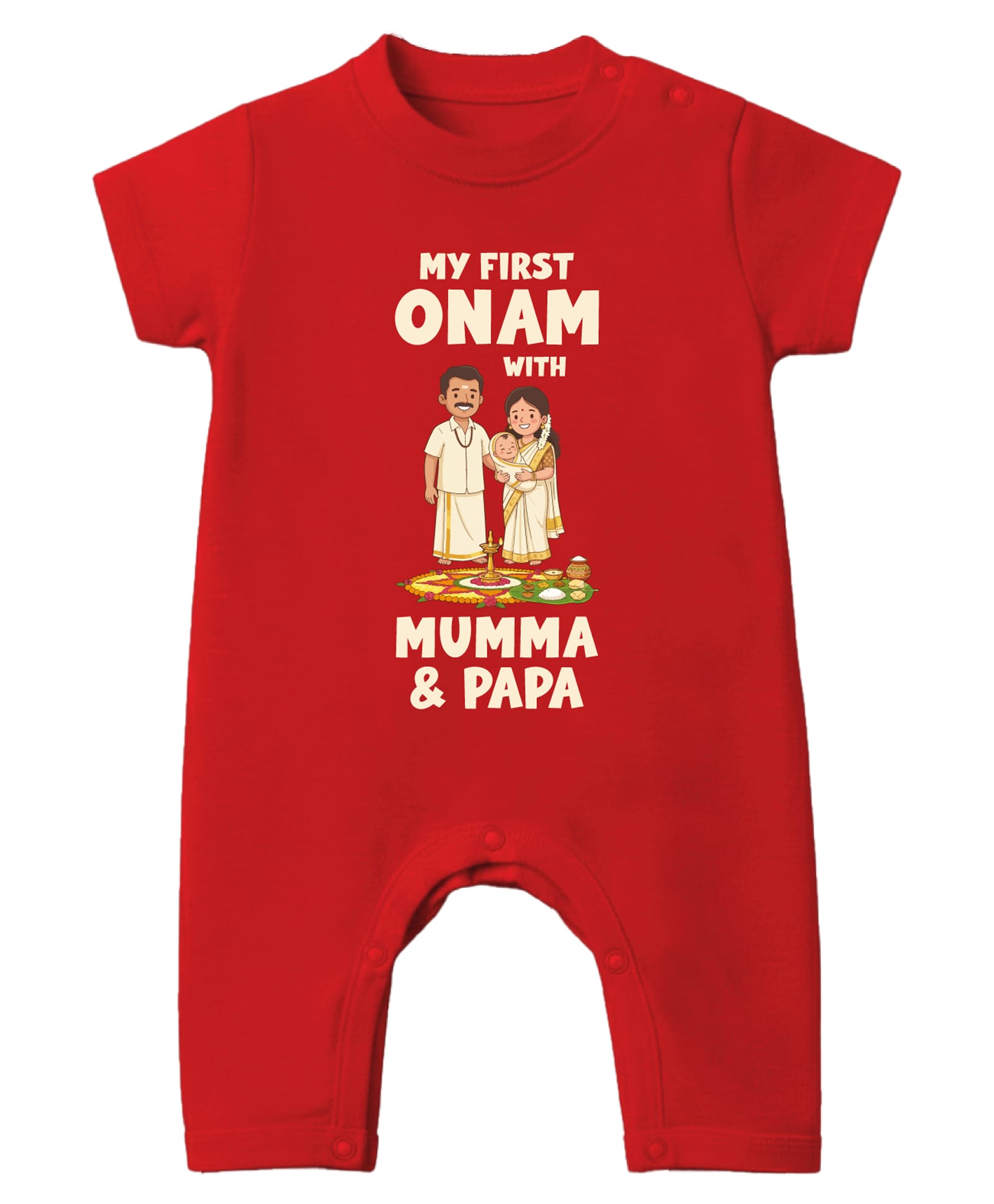 Baby Buzz 100% Cotton Knit Onam Theme Half Sleeves My First Onam With Mummy & Papa Text Printed Romper - Red-picture-16