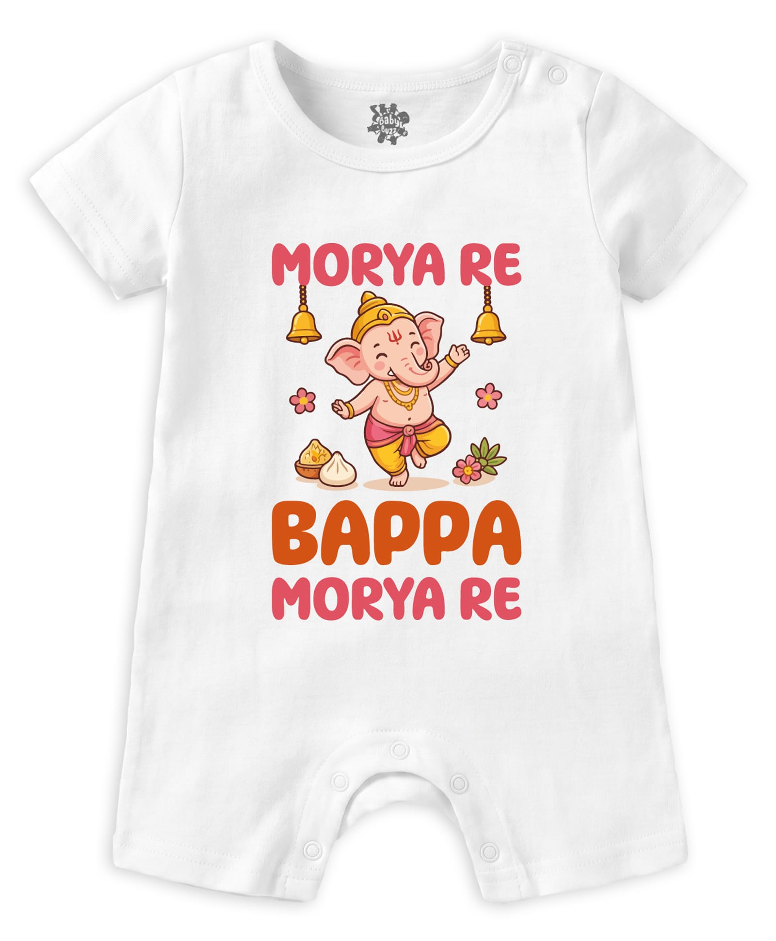 Baby Buzz 100% Cotton Knit Ganesh Chaturthi Theme Half Sleeves Morya Re Bappa Morya Re Text Printed Romper - White-image-44