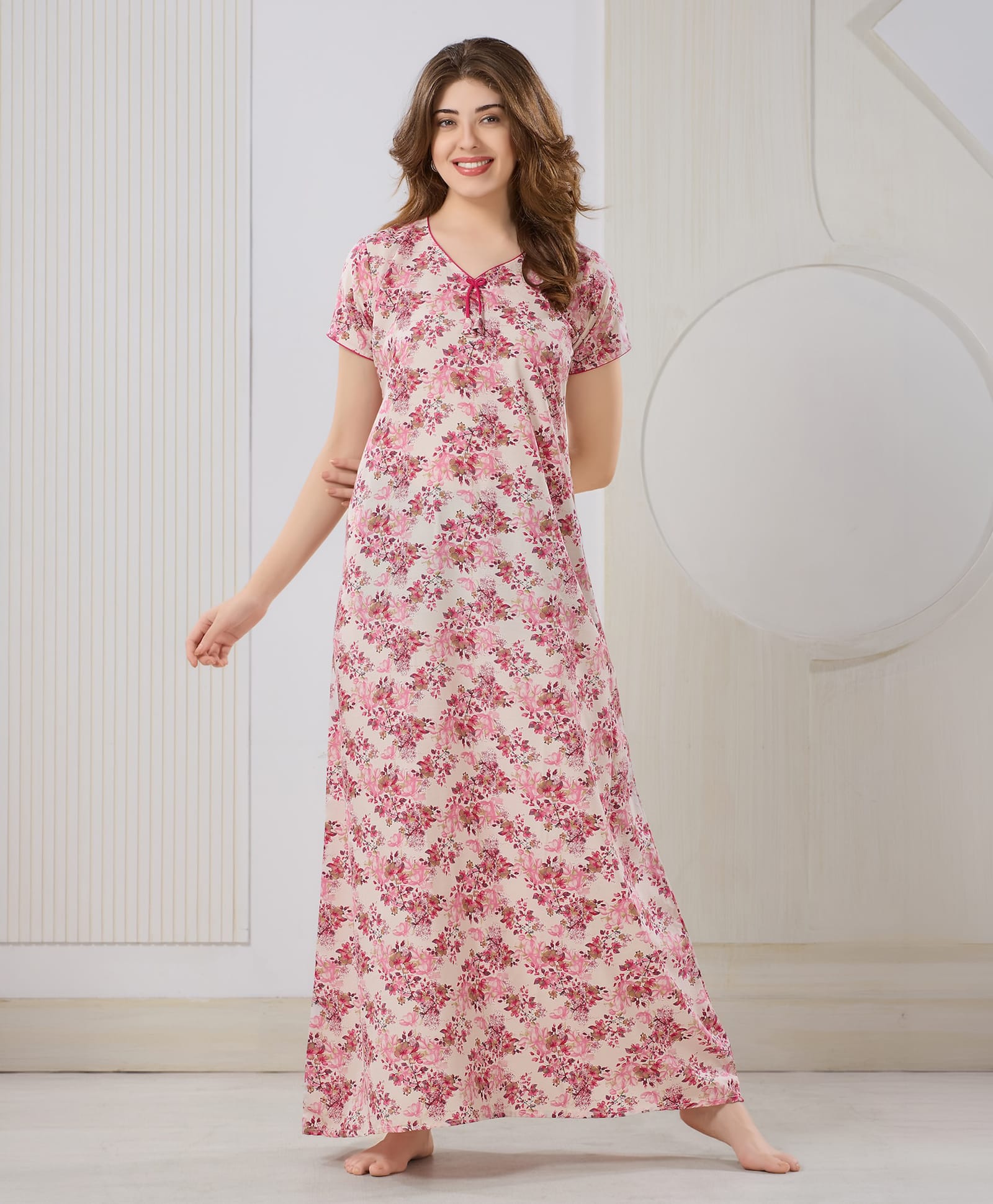 Piu Cotton Blend Woven Half Sleeves Floral Printed Maternity Nighty - Pink-picture-23