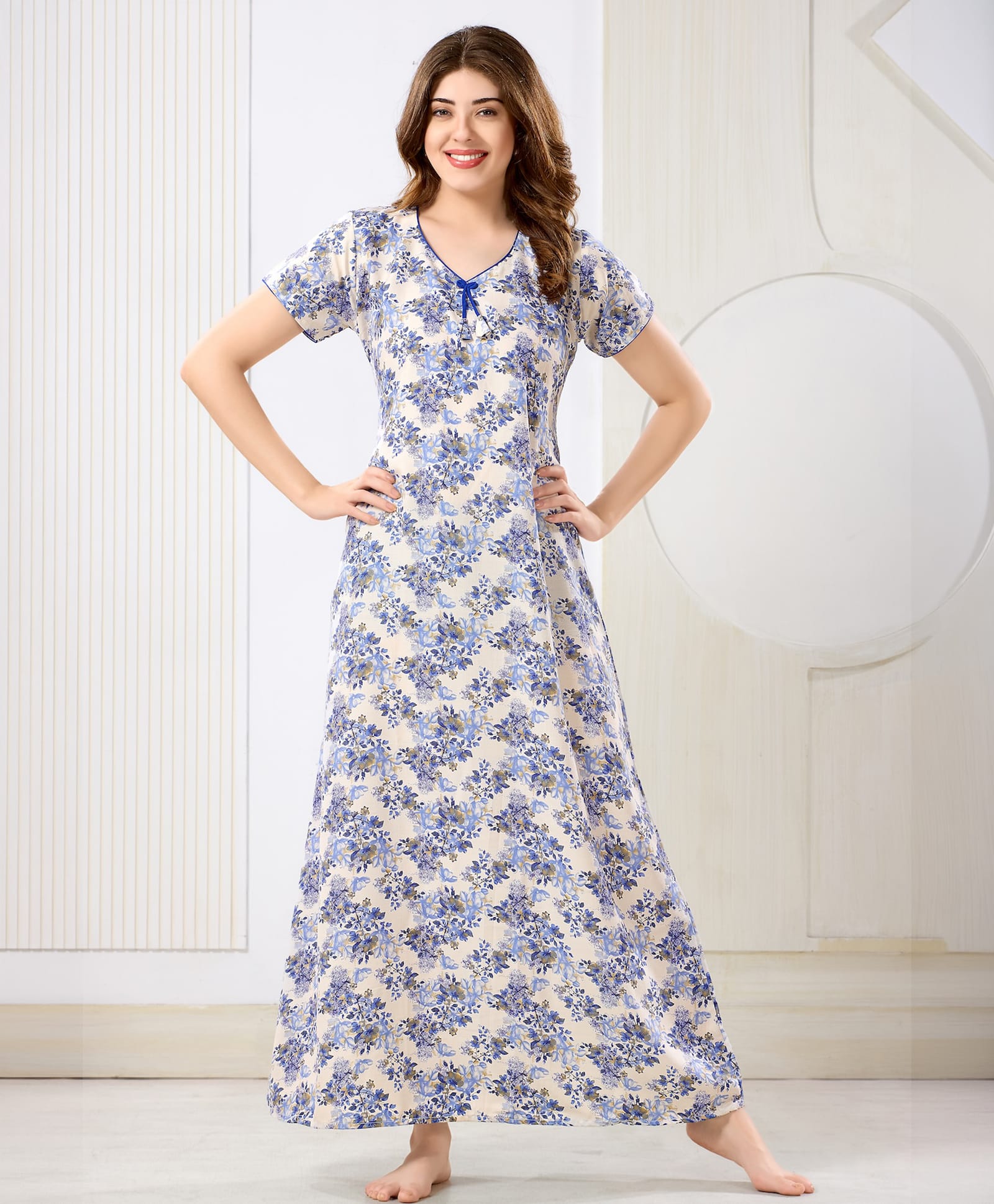 Piu Cotton Blend Woven Half Sleeves Floral Printed Maternity Nighty - Blue-picture-24