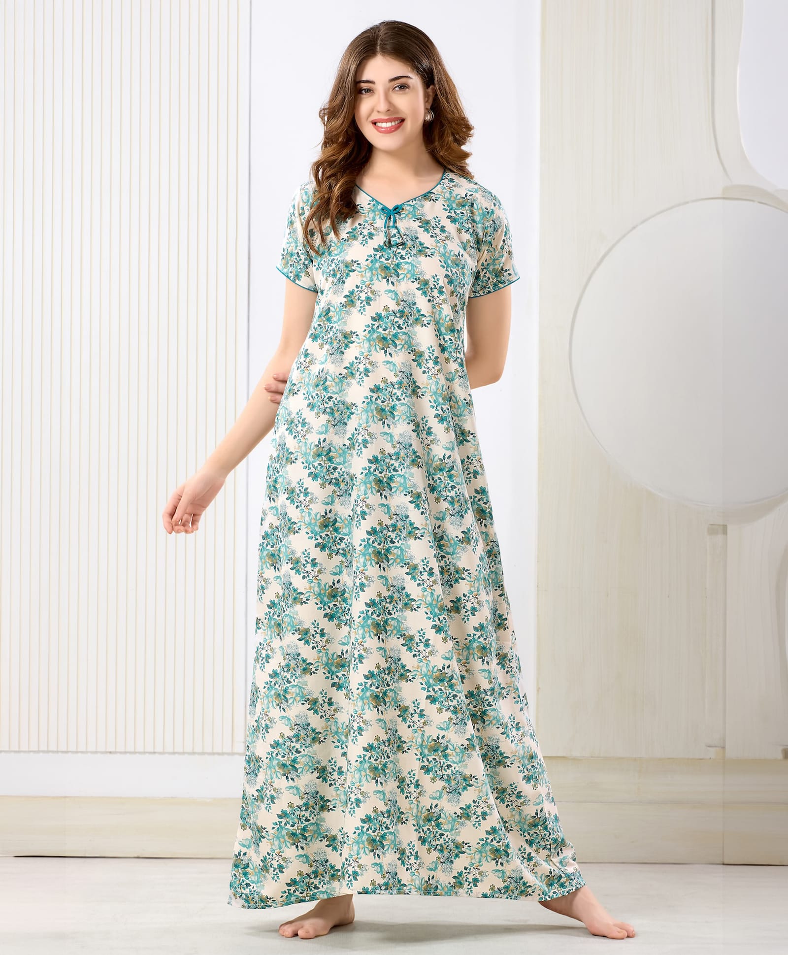 Piu Cotton Blend Woven Half Sleeves Floral Printed Maternity Nighty - Green-picture-18