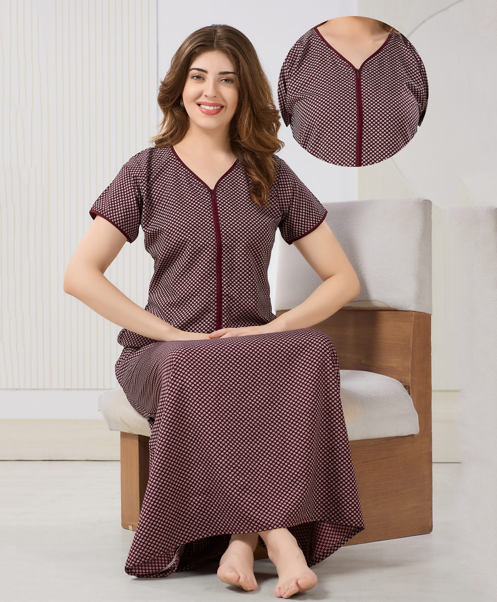 Piu Cotton Blend Woven Half Sleeves Polka Dots Printed Nighty With Front Zipper Nursing Access - Maroon-picture-21