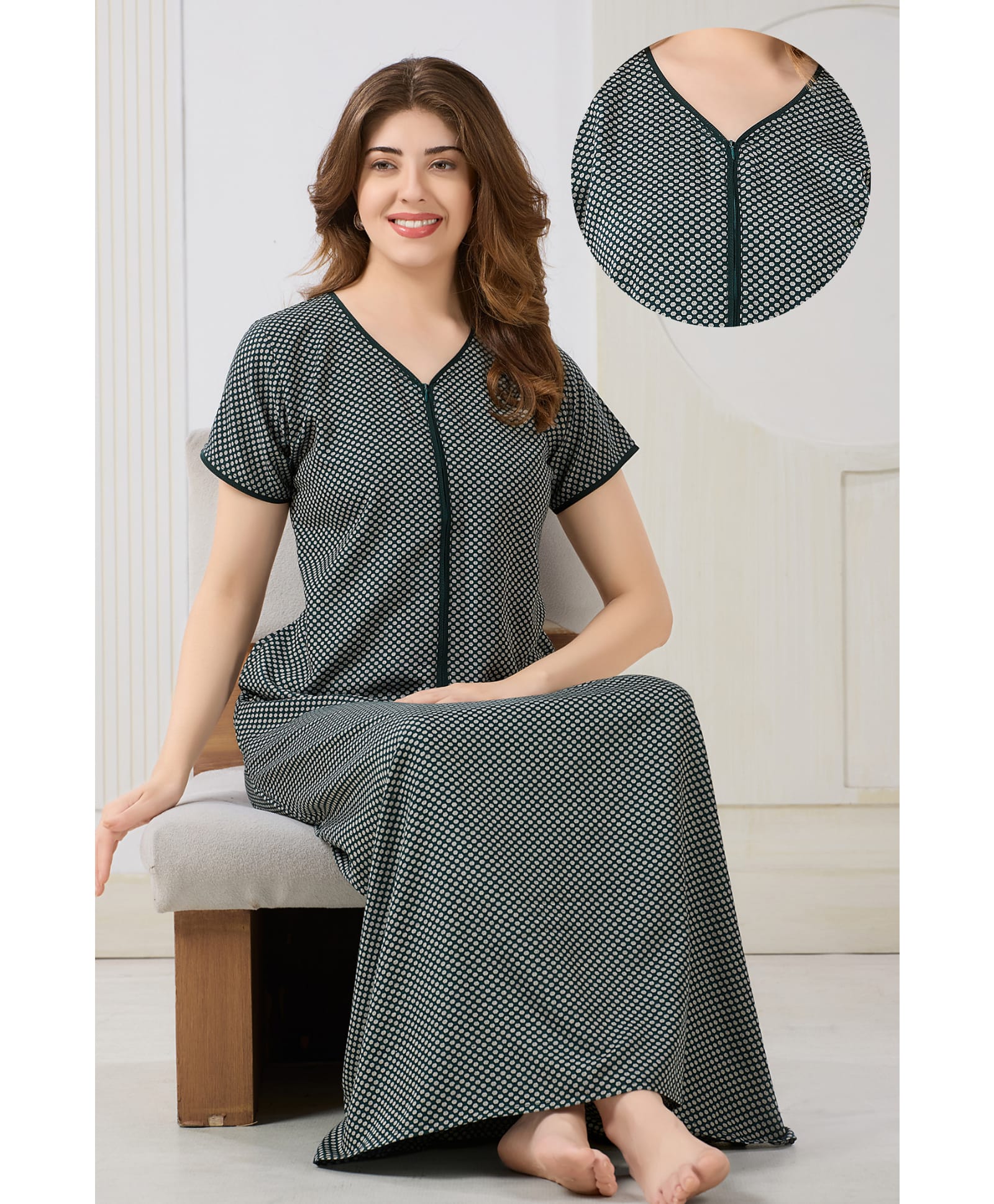 Piu Cotton Blend Woven Half Sleeves Polka Dots Printed Nighty With Front Zipper Nursing Access - Green-picture-25