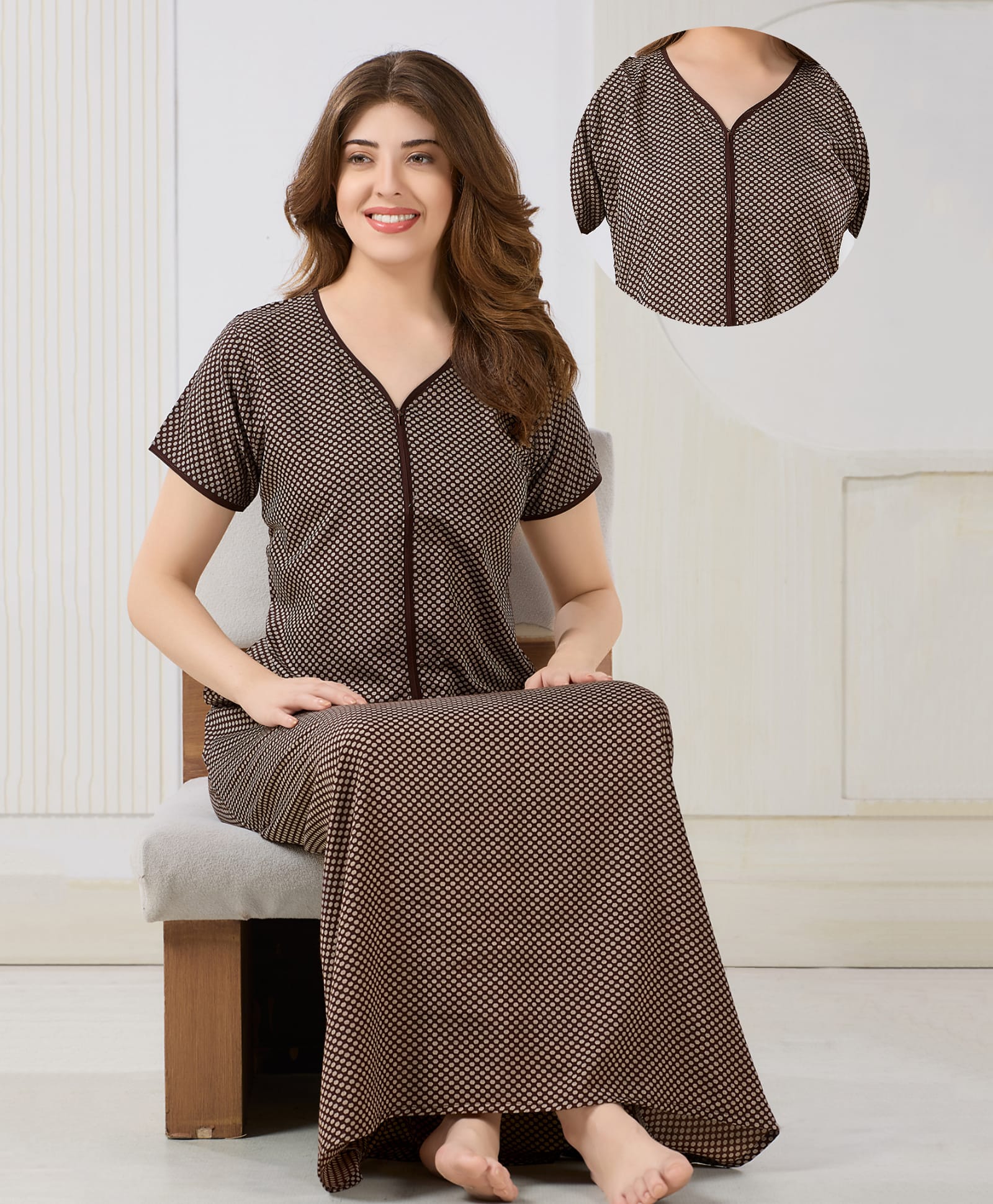 Piu Cotton Blend Woven Half Sleeves Polka Dots Printed Nighty With Front Zipper Nursing Access - Brown-picture-22
