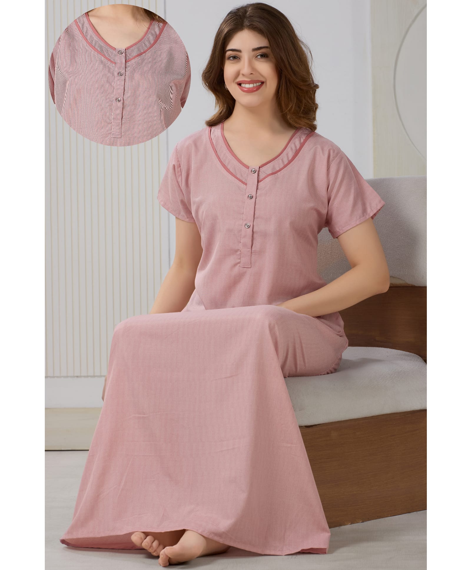 Piu Cotton Blend Woven Half Sleeves Striped Nighty With Front Open Nursing Access - Red-picture-16