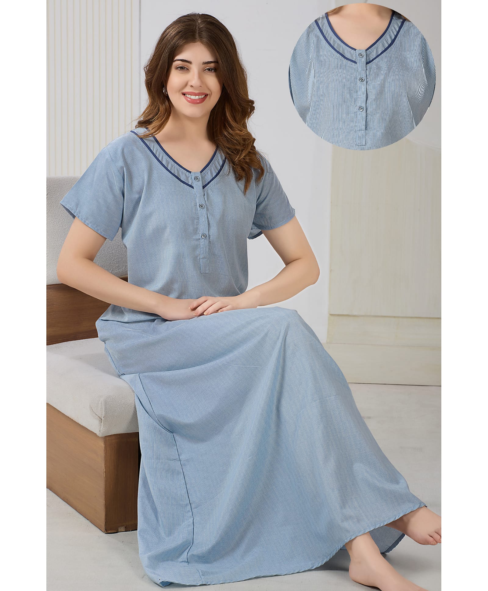 Piu Cotton Blend Woven Half Sleeves Striped Nighty With Front Open Nursing Access - Blue-picture-20