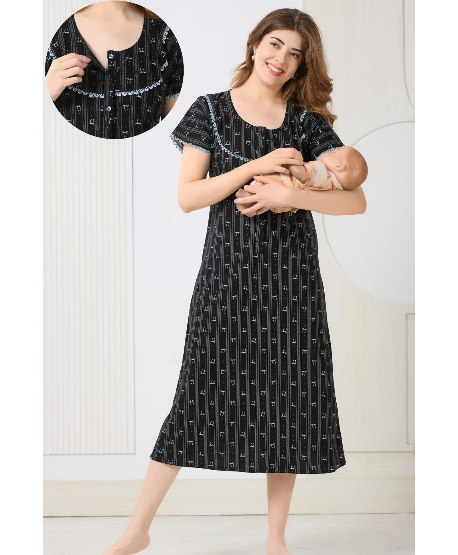 Piu Cotton Blend Knit Half Sleeves Striped & Bow Printed Nighty With Front Open Nursing Access - Blue-picture-19