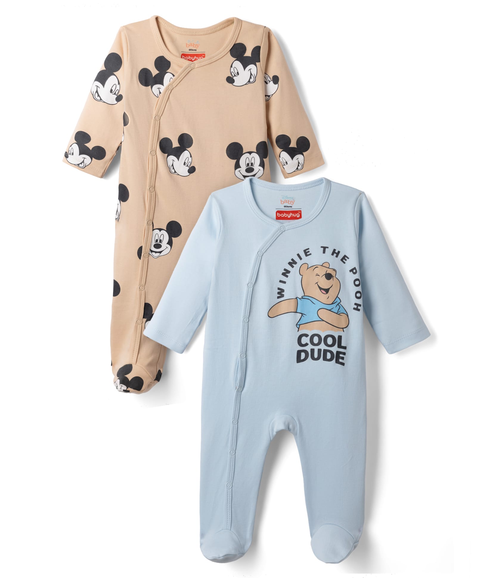 Babyhug Disney 100% Cotton Interlock Knit Sleep Suits with Minnie Mouse Print in Blue & Brown Pack of 2-picture-0