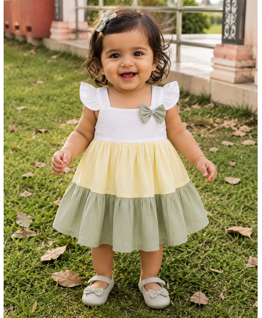 Aomi Cotton Woven Frill Sleeves Colour Blocked Tiered Dress - Lemon Yellow-image-1