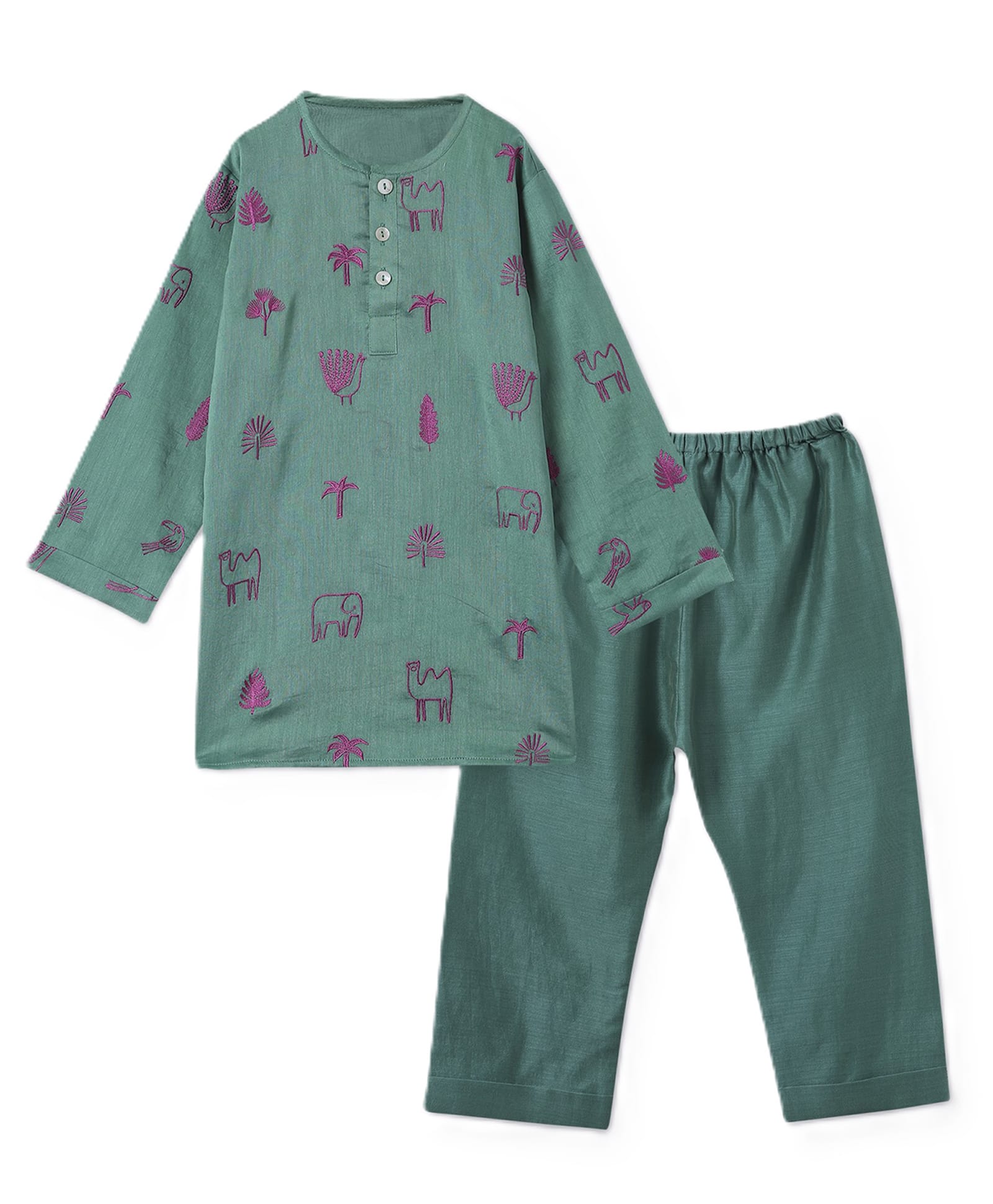 DULAAR Chanderi Woven Full Sleeves Peacock & Trees Embroidered Kurta & Pyjama Set - Green-picture-15