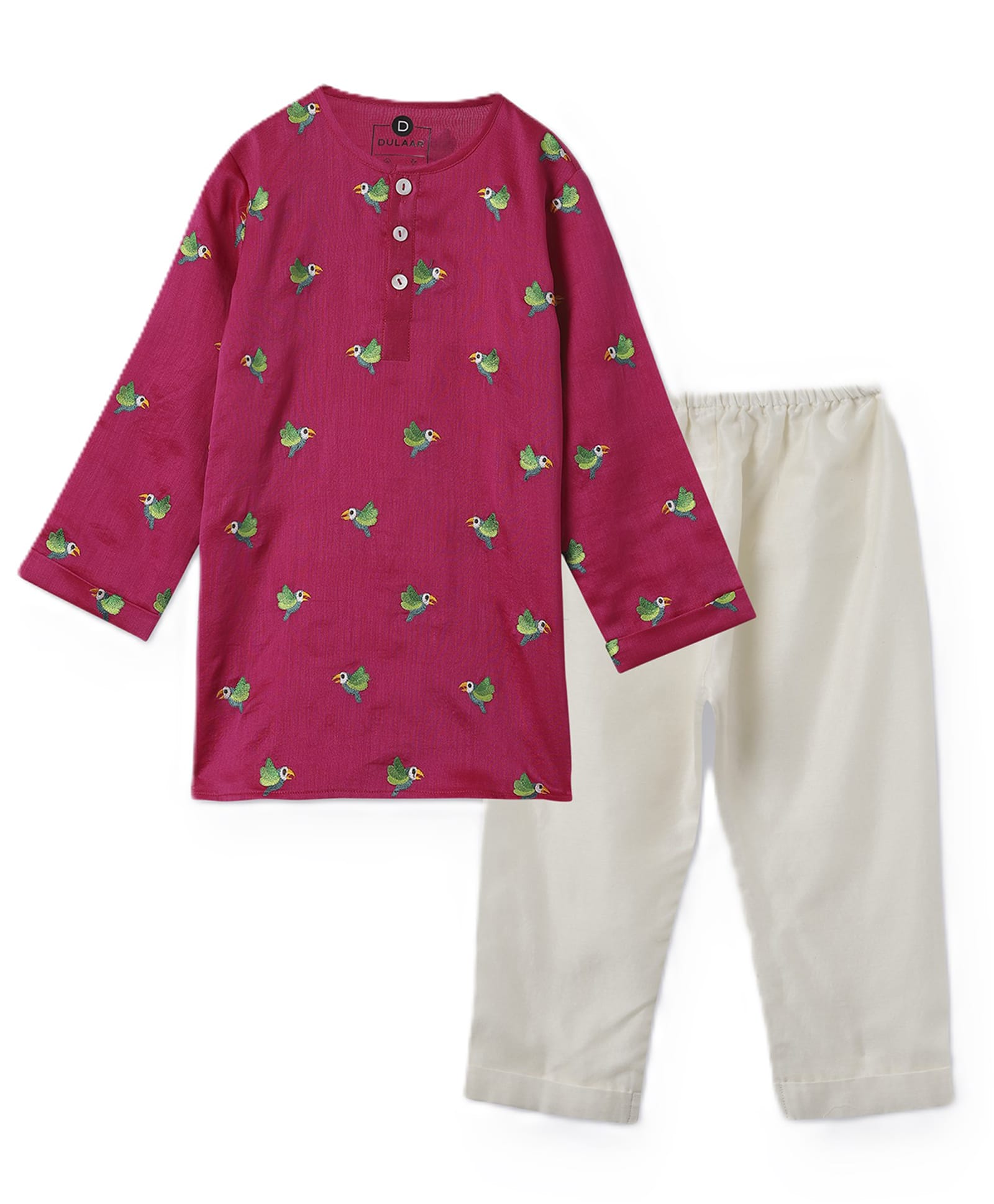 DULAAR Chanderi Woven Full Sleeves Birds Embroidered Kurta & Pyjama Set - Pink-picture-17