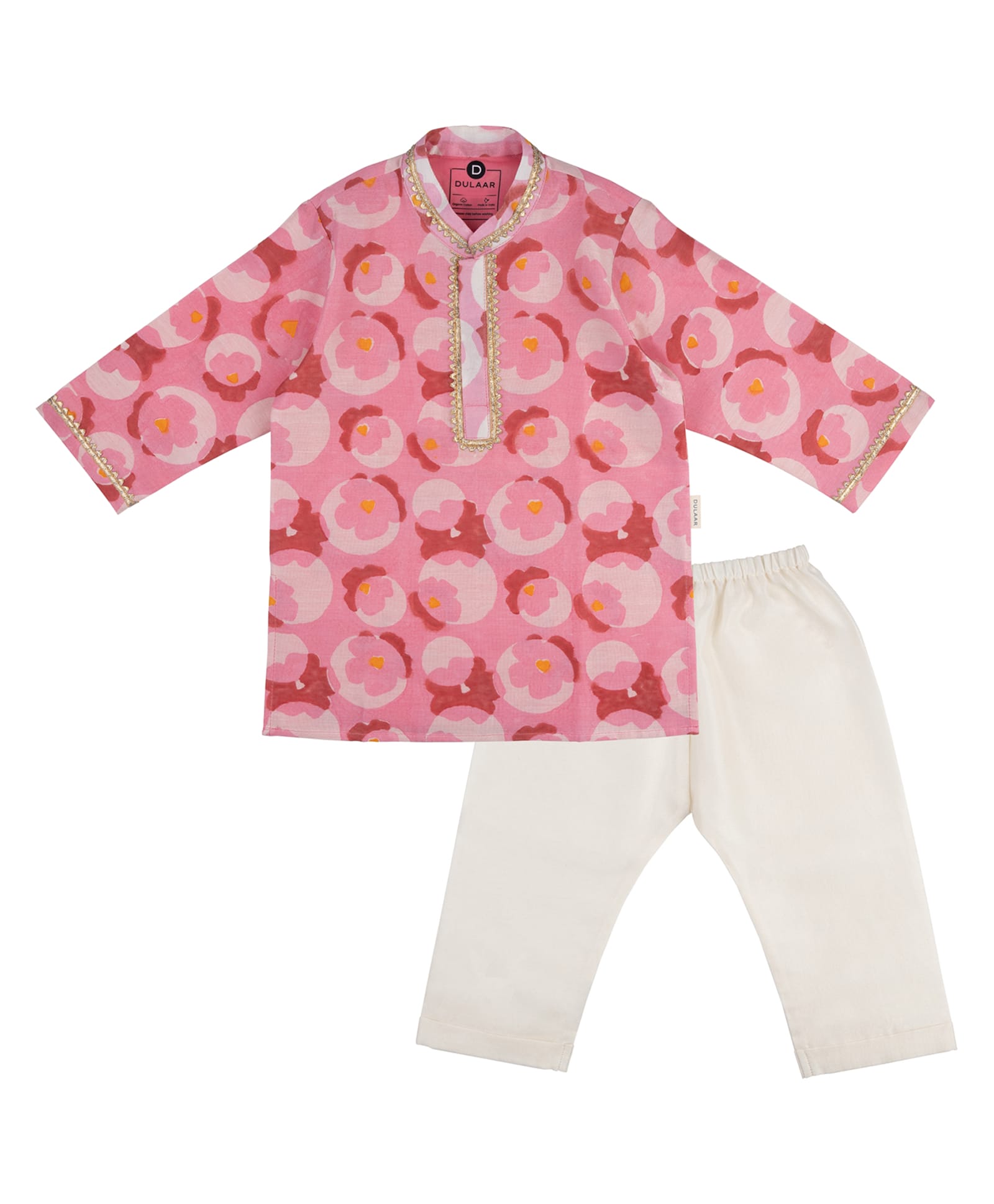 DULAAR Chanderi Woven Full Sleeves Floral Printed Lace Detailed Kurta & Pyjama Set - Pink-image-38