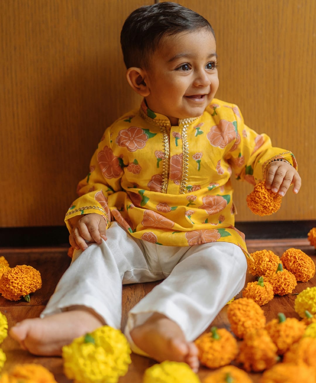 DULAAR Chanderi Woven Full Sleeves Floral Printed Lace Detailed Kurta & Pyjama Set - Yellow-image-13