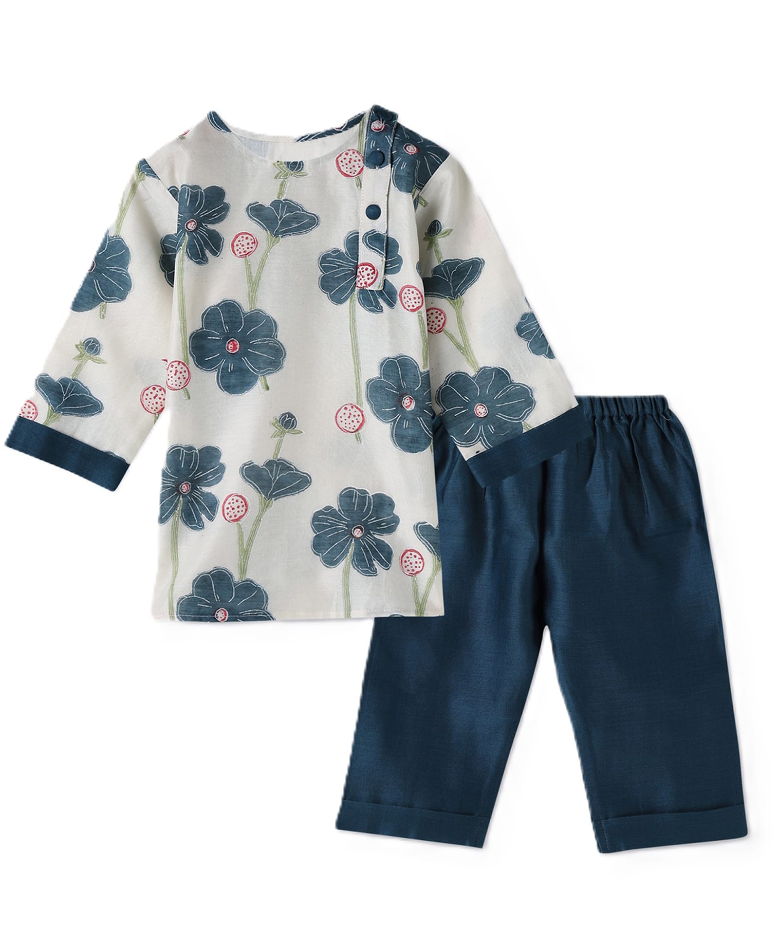 DULAAR Chanderi Woven Full Sleeves Floral Printed Kurta & Pyjama Set - Royal Blue-picture-16