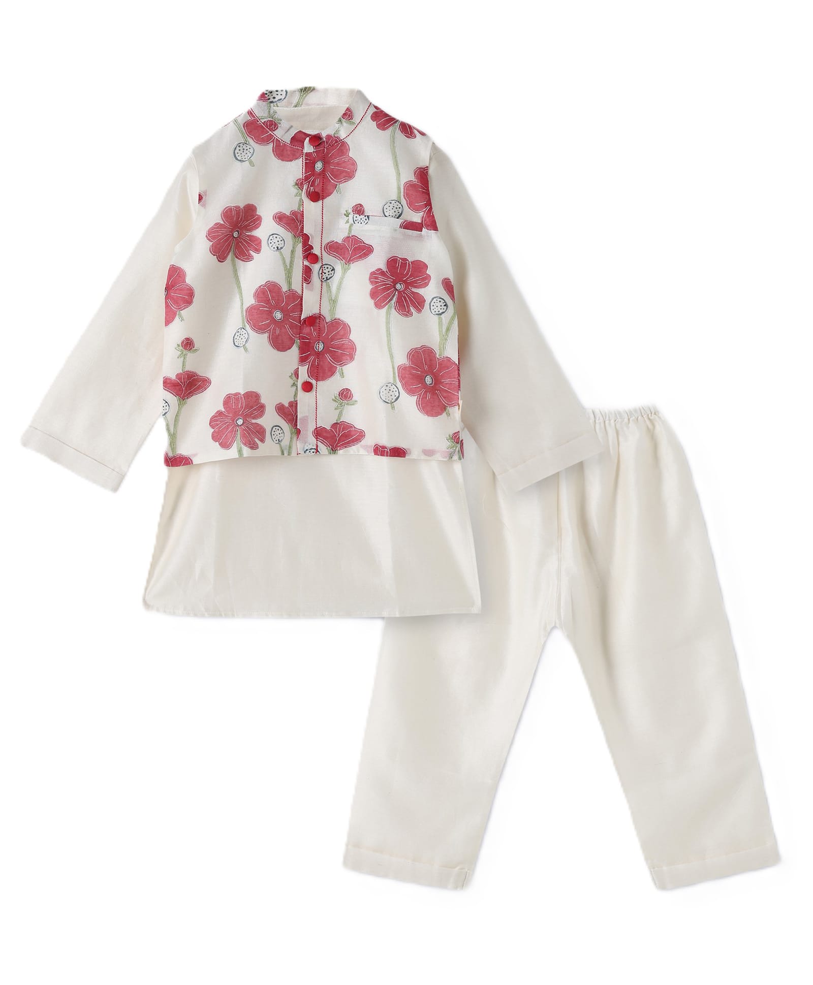 DULAAR Chanderi Woven Full Sleeves Solid Kurta & Pyajama Set With Floral Printed Jacket - Red & White-image-46
