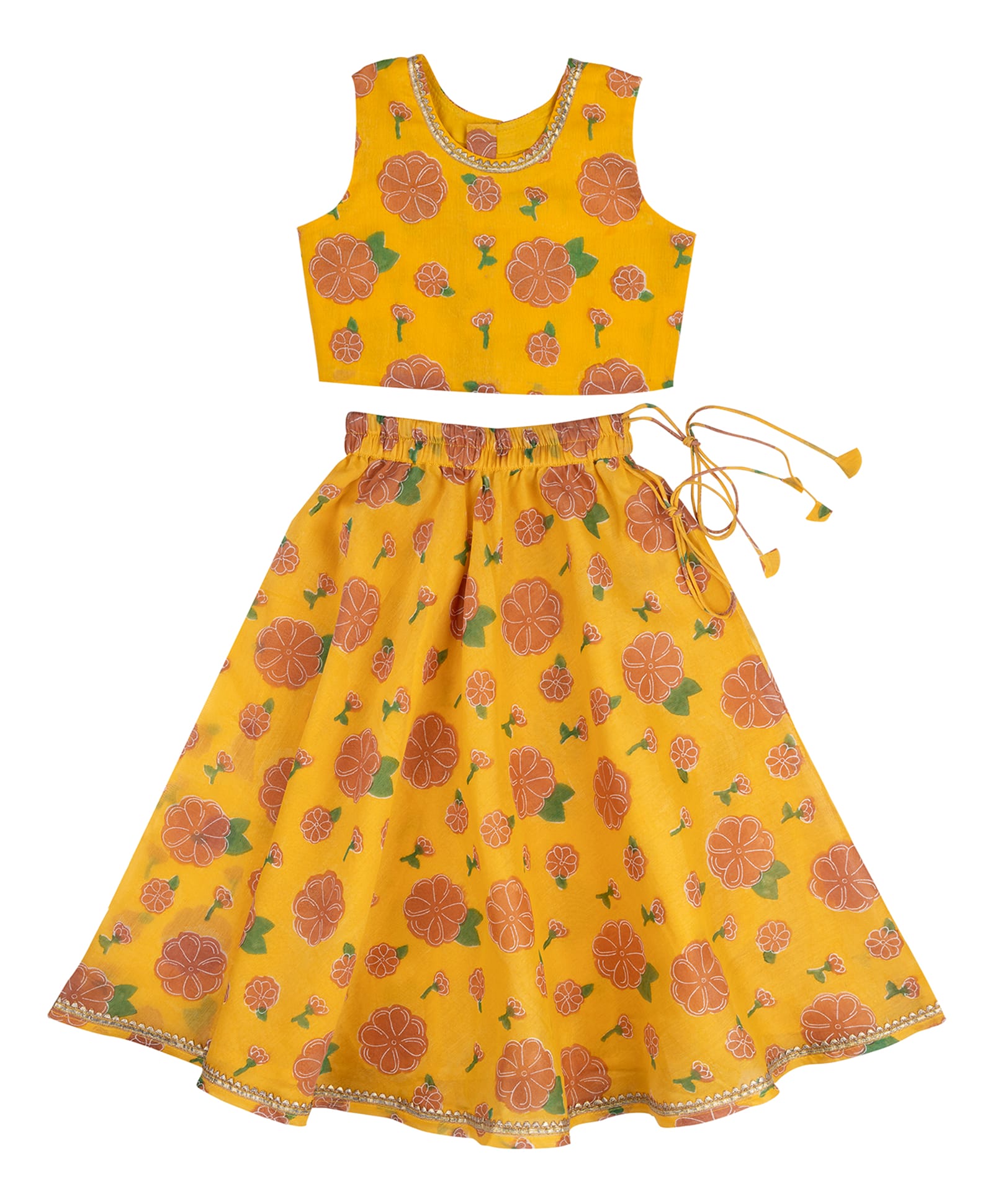 DULAAR Chanderi Woven Sleeveless Floral Printed Lehenga Choli Set - Yellow-image-17