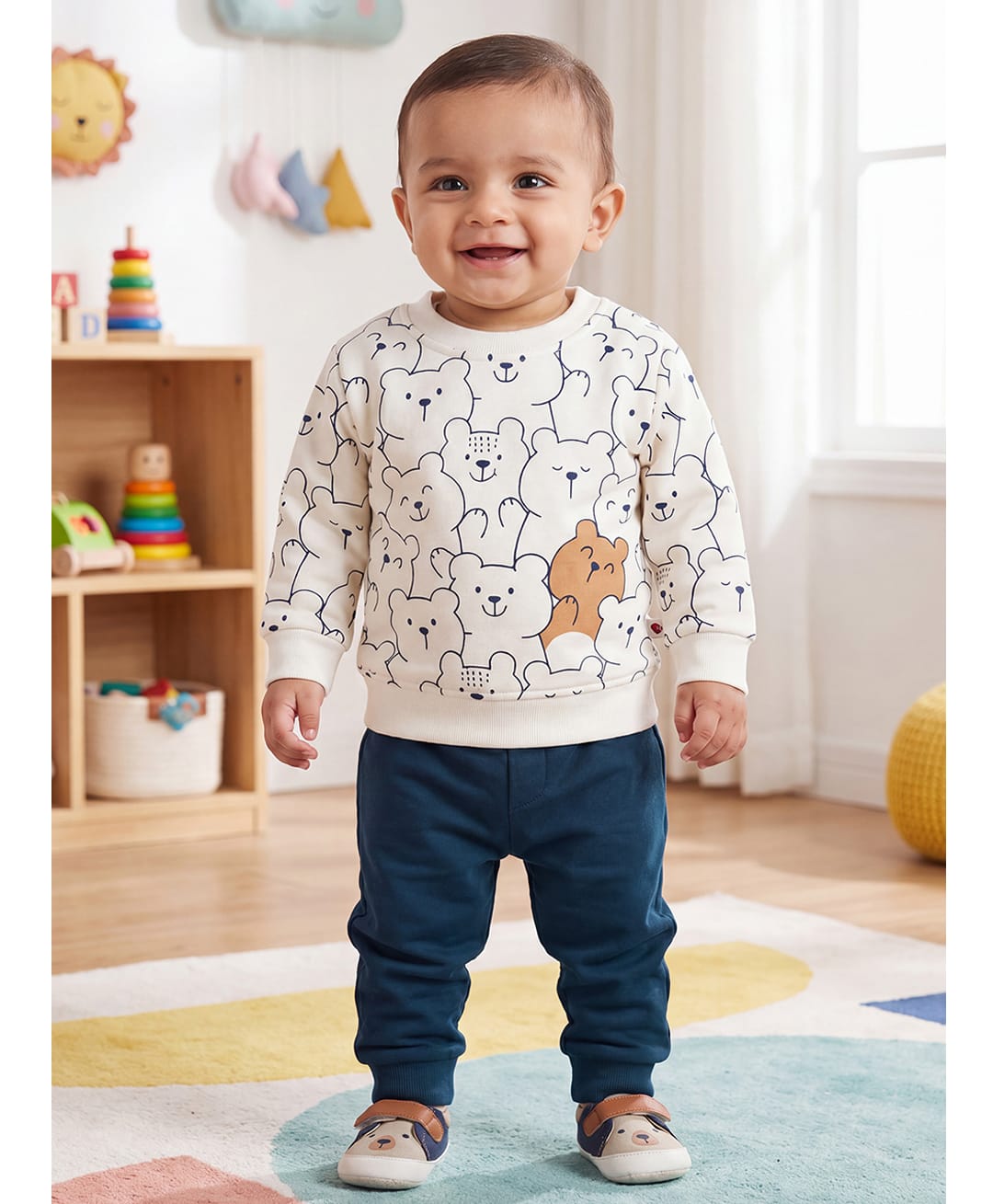 BUMZEE Cotton Blend Knit Full Sleeves Teddy Bear Printed Sweatshirt & Jogger Set - Off White & Teal-image-19