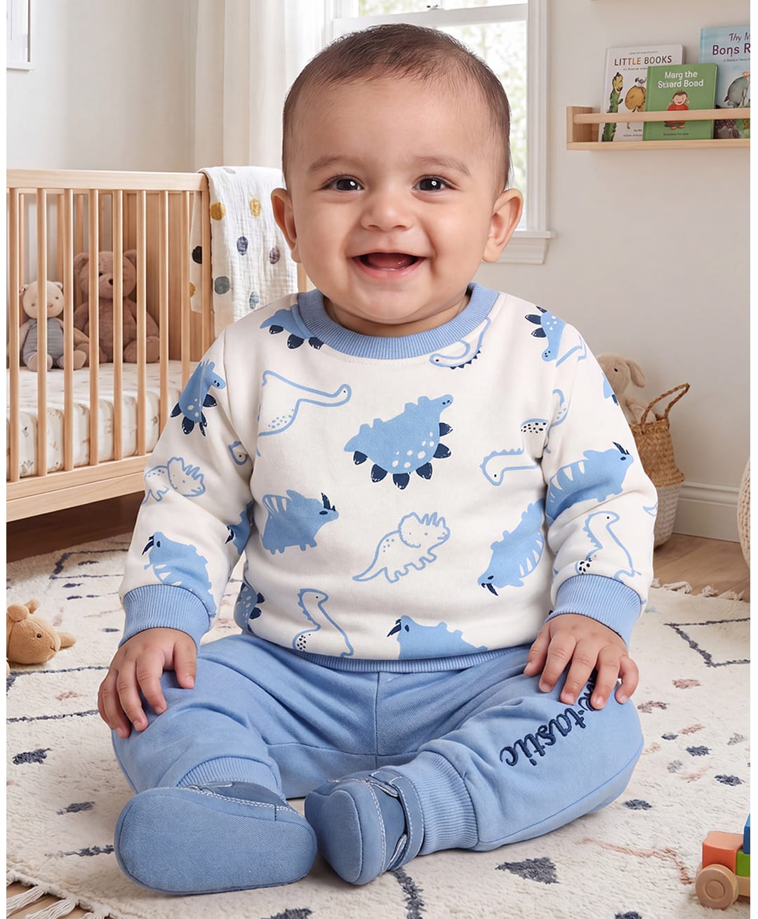 BUMZEE Cotton Blend Knit Full Sleeves Dinosaur Printed Sweatshirt & Jogger Set - Off White & Blue-picture-5