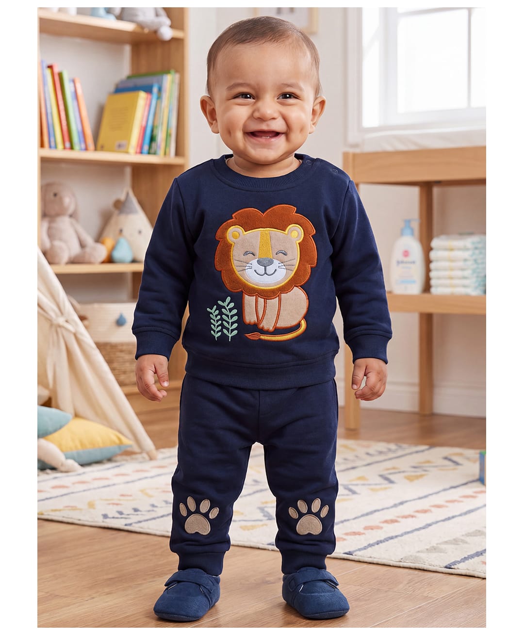 BUMZEE Cotton Blend Knit Full Sleeves Lion Embroidered Sweatshirt & Jogger Set - Navy Blue-image-4