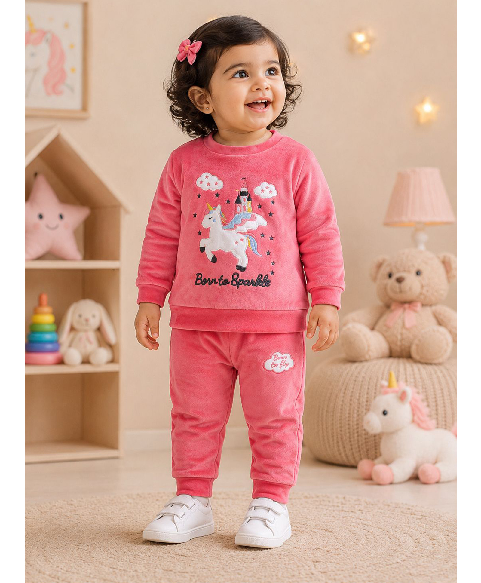 BUMZEE Velvet Knit Full Sleeves Unicorn Embroidered Sweatshirt & Joggers Set - Pink-picture-37