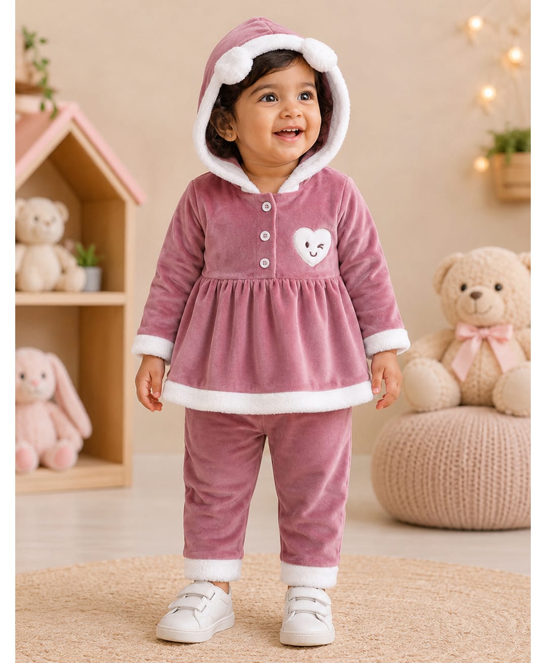 BUMZEE Velvet Knit Full Sleeves Heart Embroidered Hooded Top & Joggers Set - Rose Pink-picture-49
