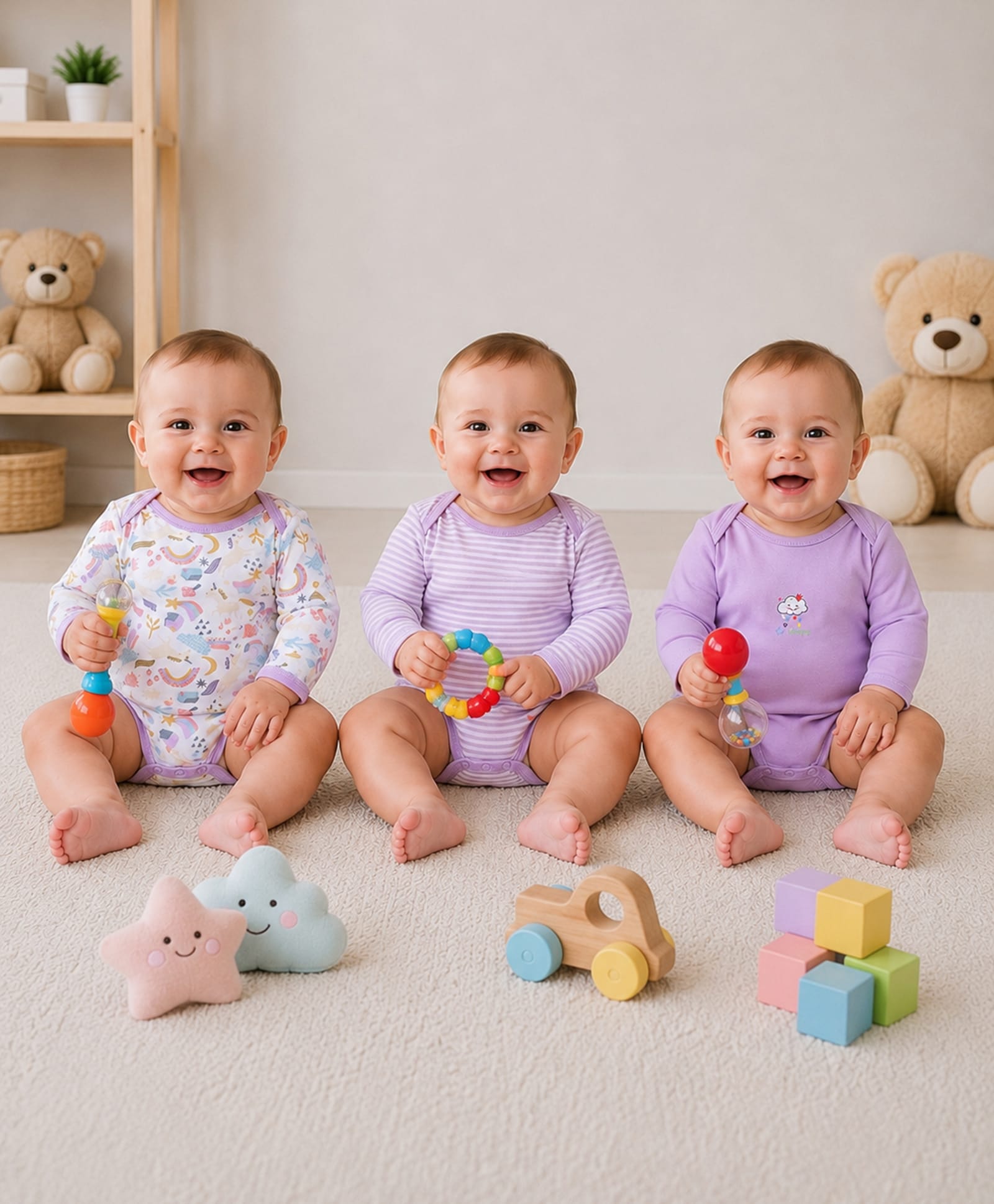BUMZEE Cotton Knit Pack Of 3 Full Sleeves Unicorn Printed & Striped Onesies - Lavender & White-picture-38