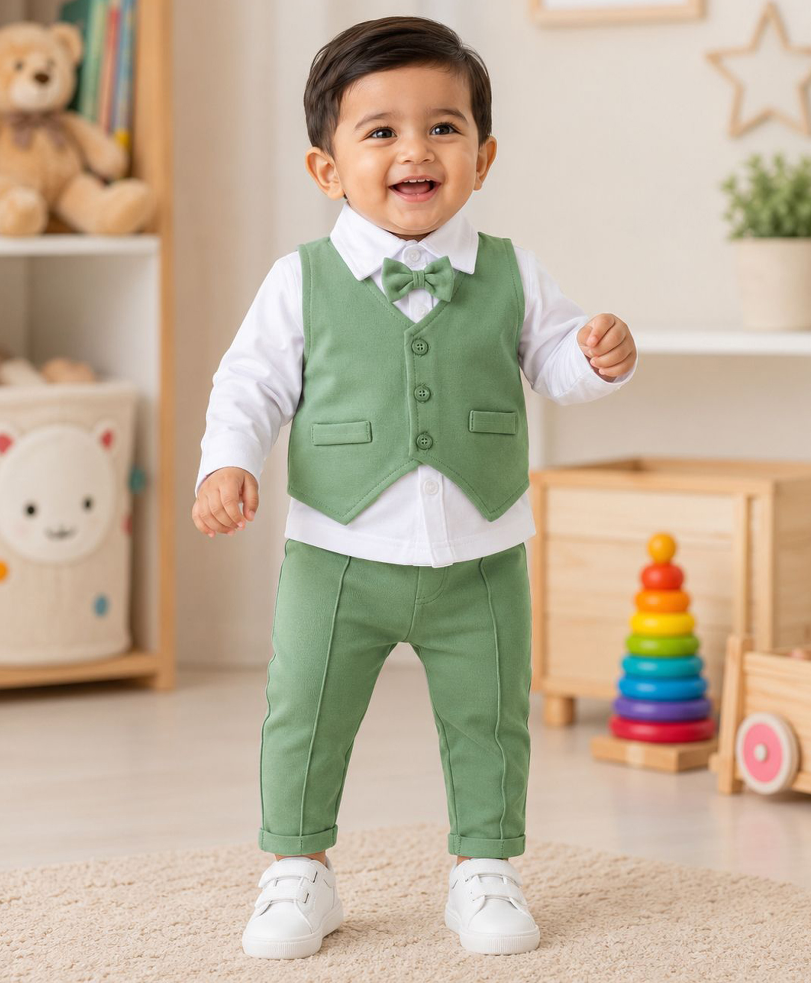 BUMZEE Cotton Knit Full Sleeves Polka Dots Printed Shirt Pants Set With Waistcoat & Attached Bow - White & Green-picture-0