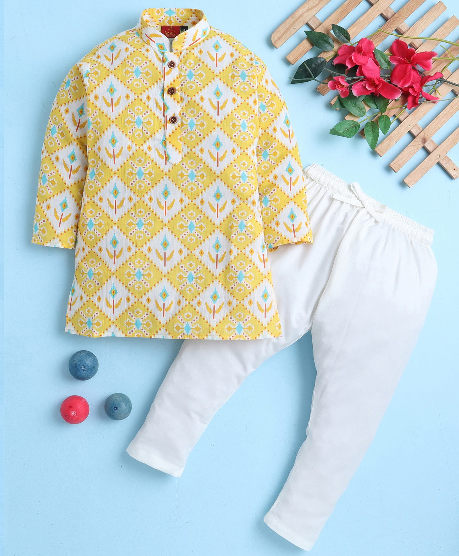Jeet Ethnics Cotton Blend Knit Full Sleeves Geometric Printed Kurta & Pyjama Set - Yellow-image-34