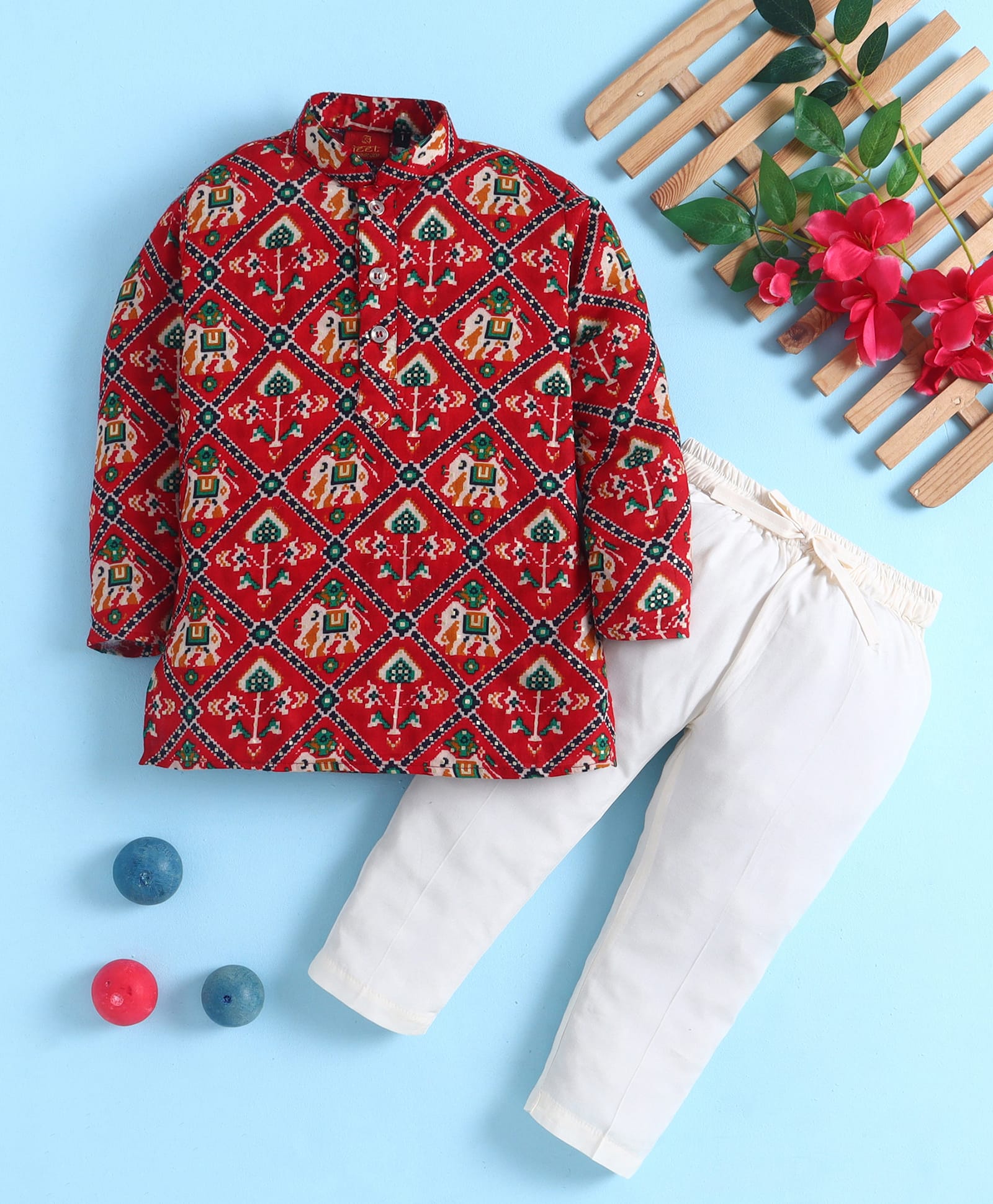 Jeet Ethnics Cotton Blend Knit Full Sleeves Patola Printed Kurta & Pyjama Set - Red-picture-28