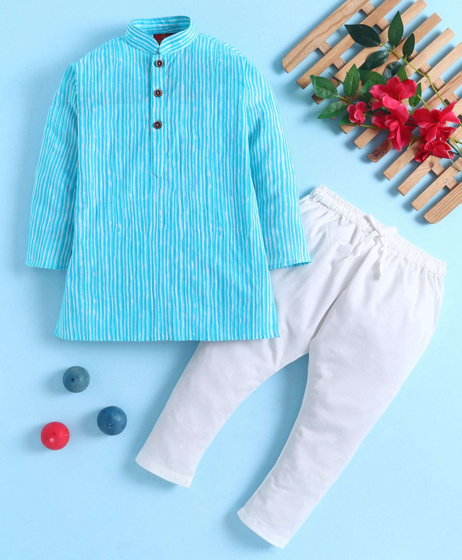 Jeet Ethnics Cotton Blend Knit Full Sleeves Striped Printed Kurta & Pyjama Set - Blue-picture-24