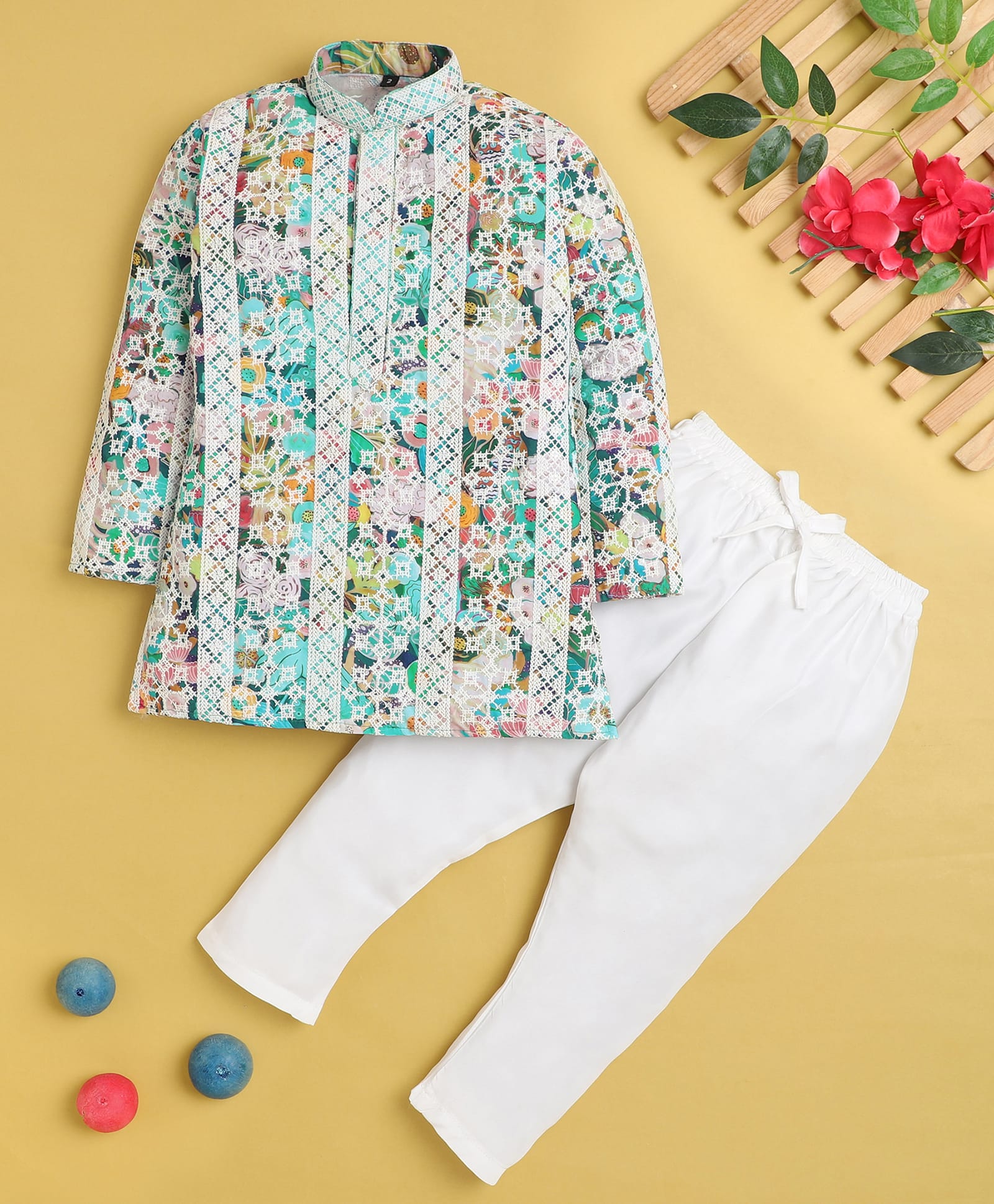 Jeet Ethnics Cotton Blend Knit Full Sleeves Geometric Pattern Embroidered Kurta Pyjama Set - White-picture-9
