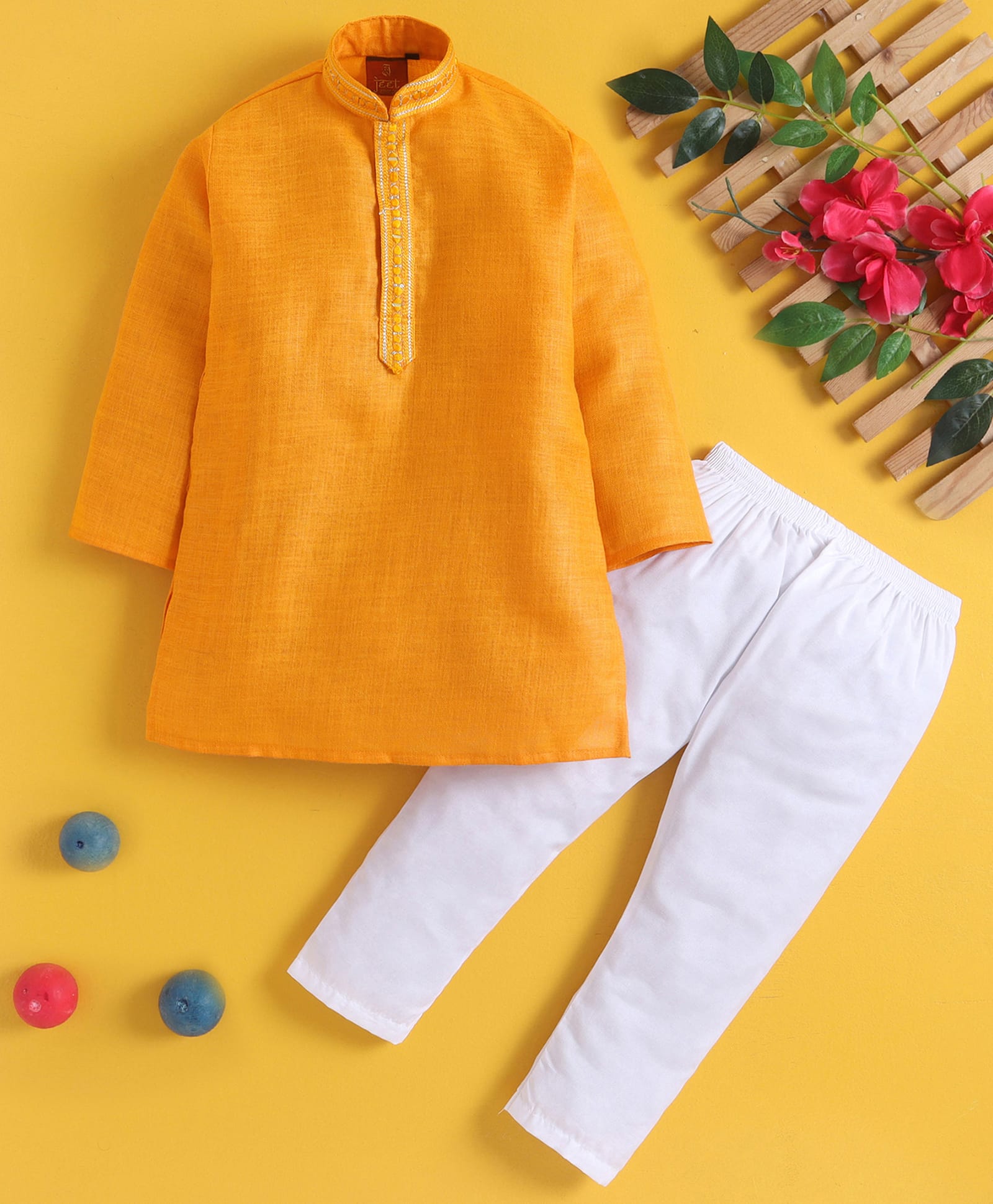 Jeet Ethnics Cotton Blend Knit Full Sleeves Zari Embroidered Kurta & Pyjama Set - Yellow-picture-6