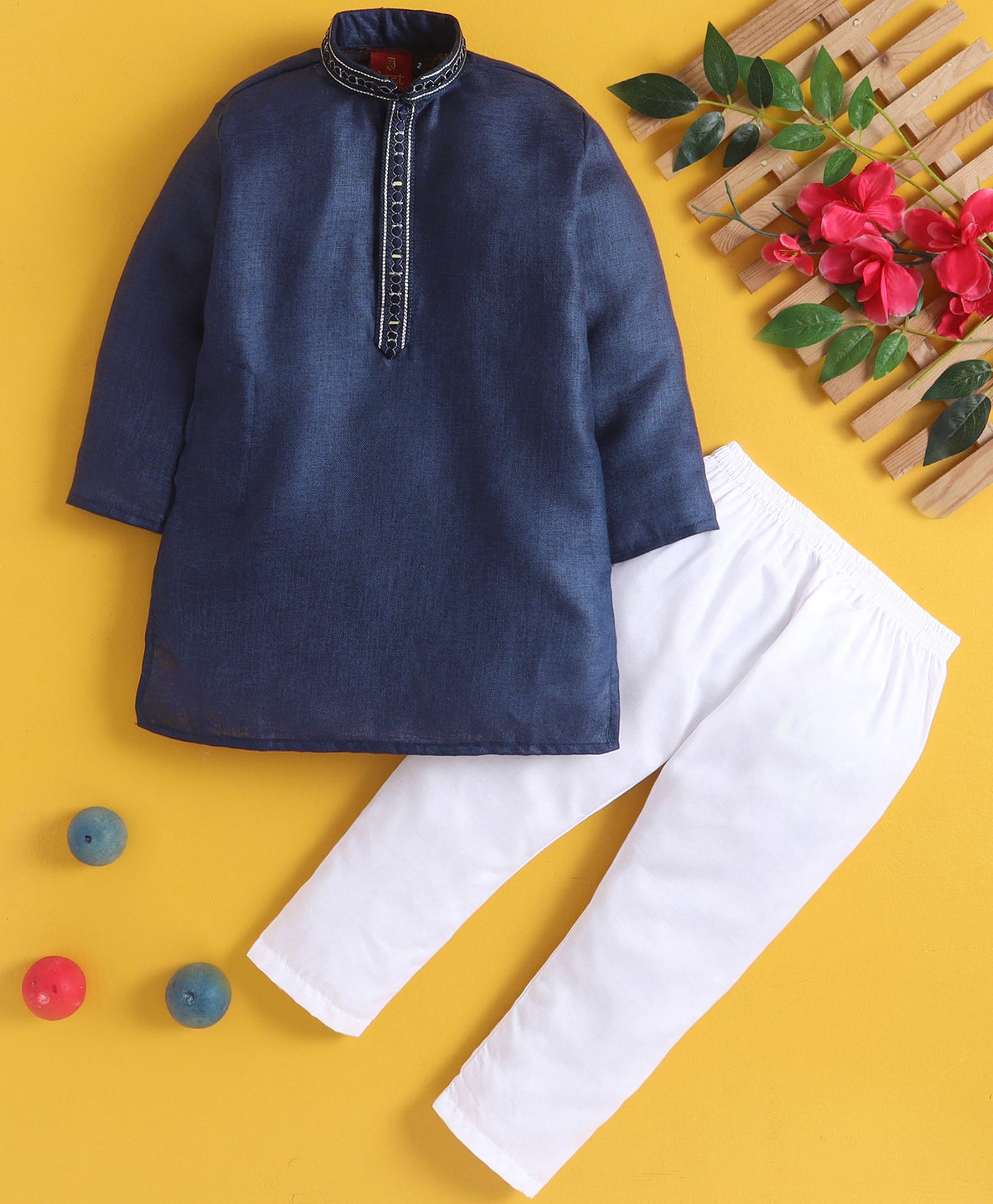 Jeet Ethnics Cotton Blend Knit Full Sleeves Zari Embroidered Kurta & Pyjama Set - Navy Blue-picture-9