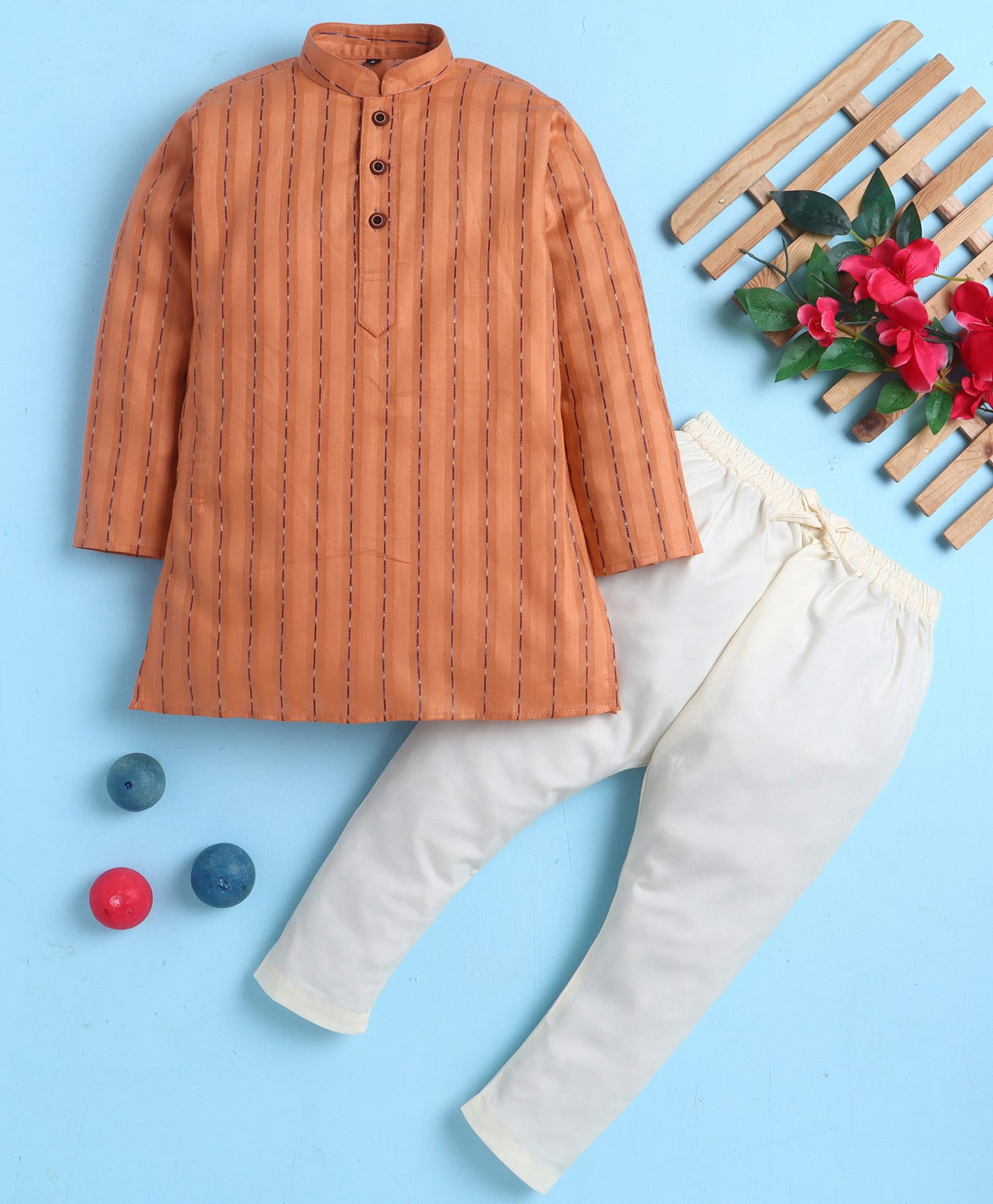 Jeet Ethnics Cotton Blend Knit Full Sleeves Striped Printed Kurta & Pyjama Set - Peach-image-35