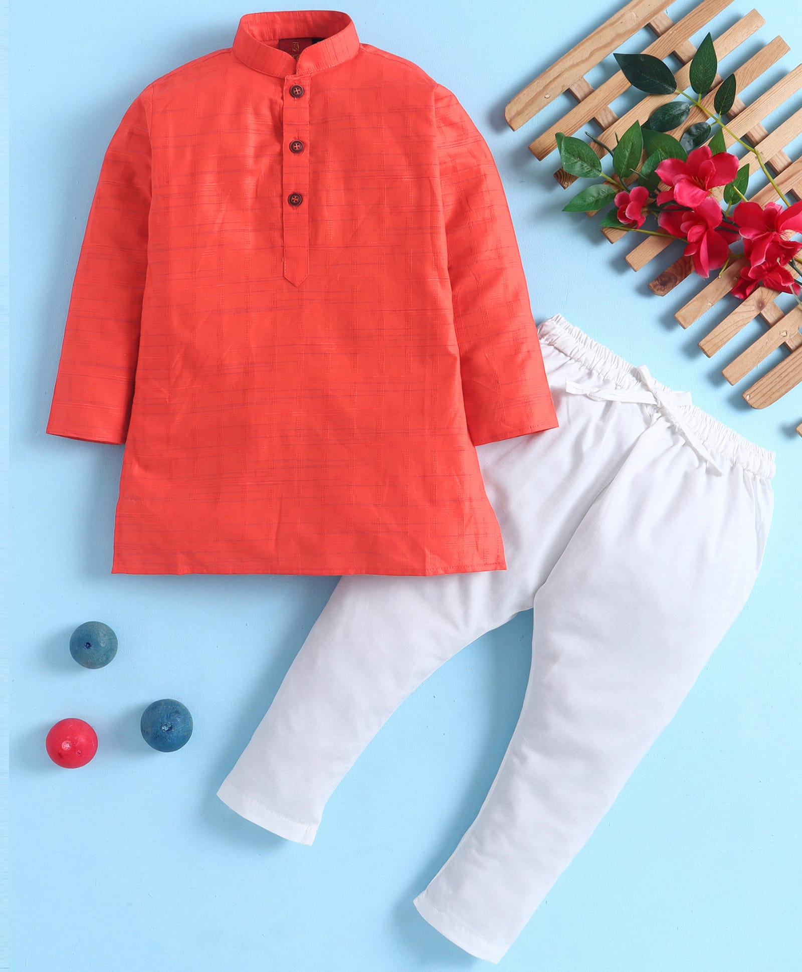 Jeet Ethnics Cotton Blend Knit Full Sleeves Solid Textured Kurta & Pyjama Set - Orange-picture-31