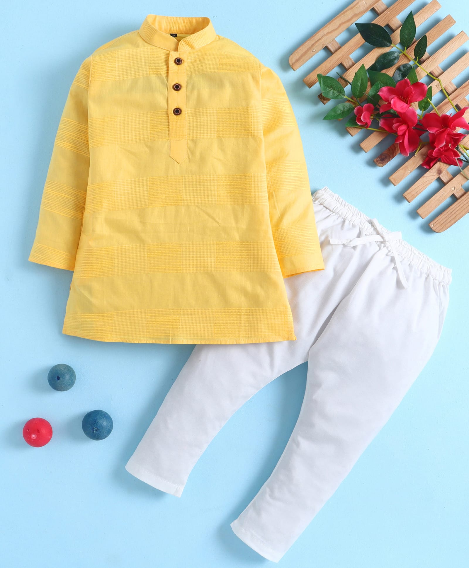 Jeet Ethnics Cotton Blend Knit Full Sleeves Textured Kurta & Pyjama Set - Yellow-picture-18