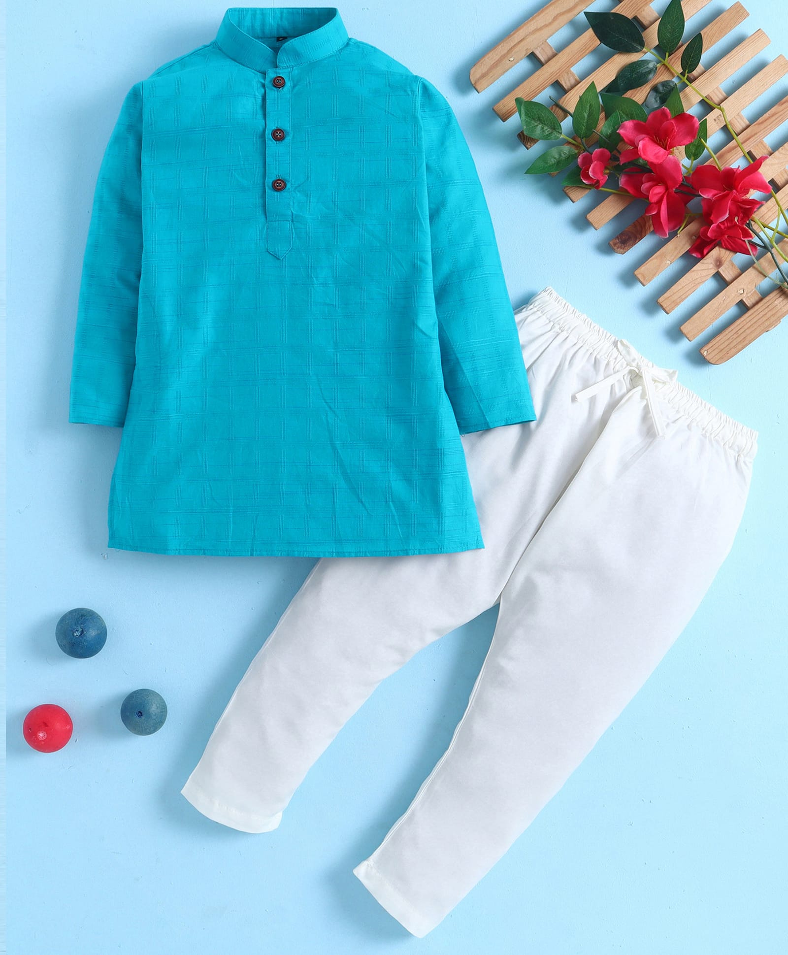 Jeet Ethnics Cotton Blend Knit Full Sleeves Textured Kurta & Pyjama Set - Turquoise-picture-34