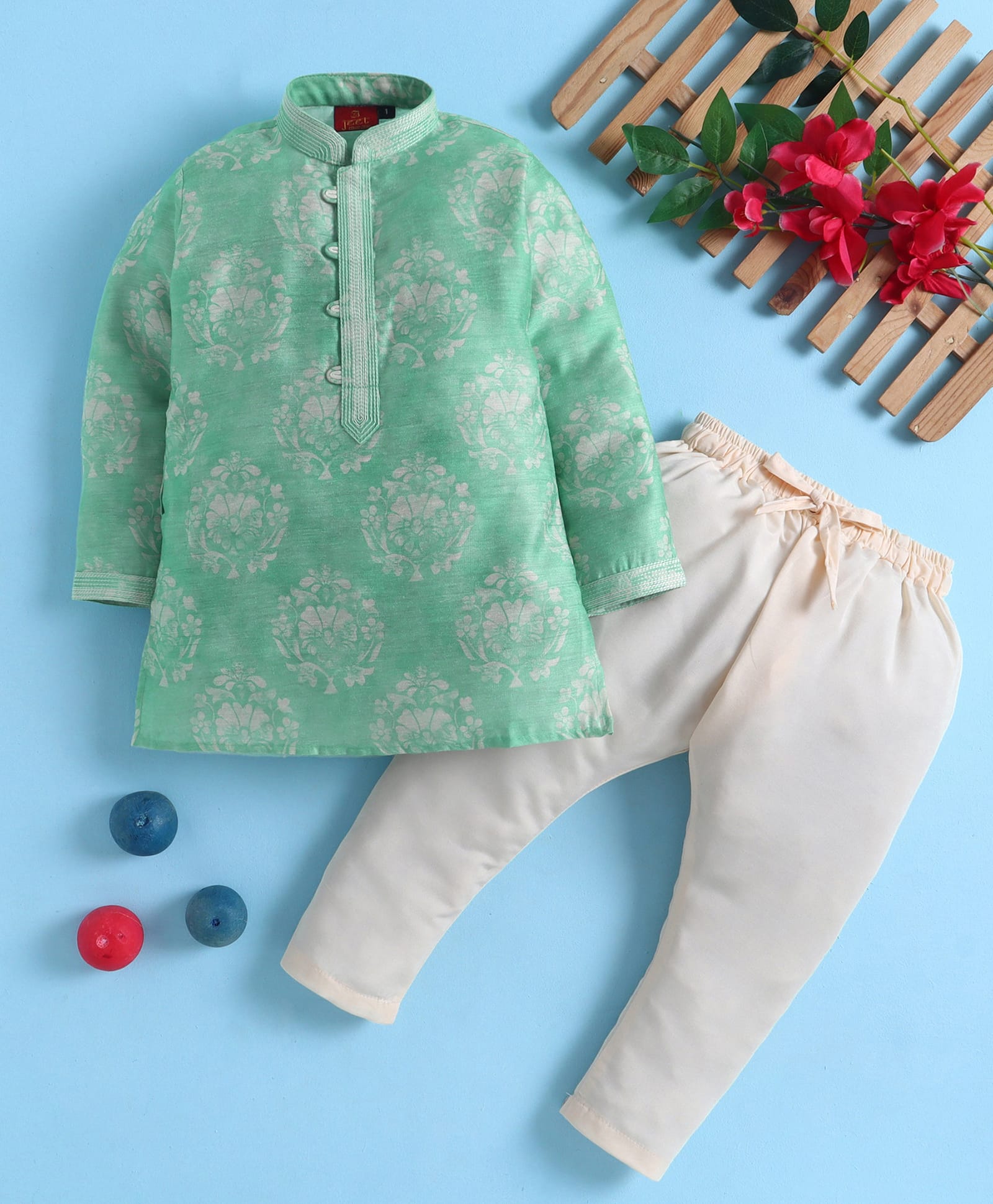 Jeet Ethnics Cotton Blend Knit Full Sleeves Floral Printed Kurta & Pyjama Set - Sea Green-picture-36