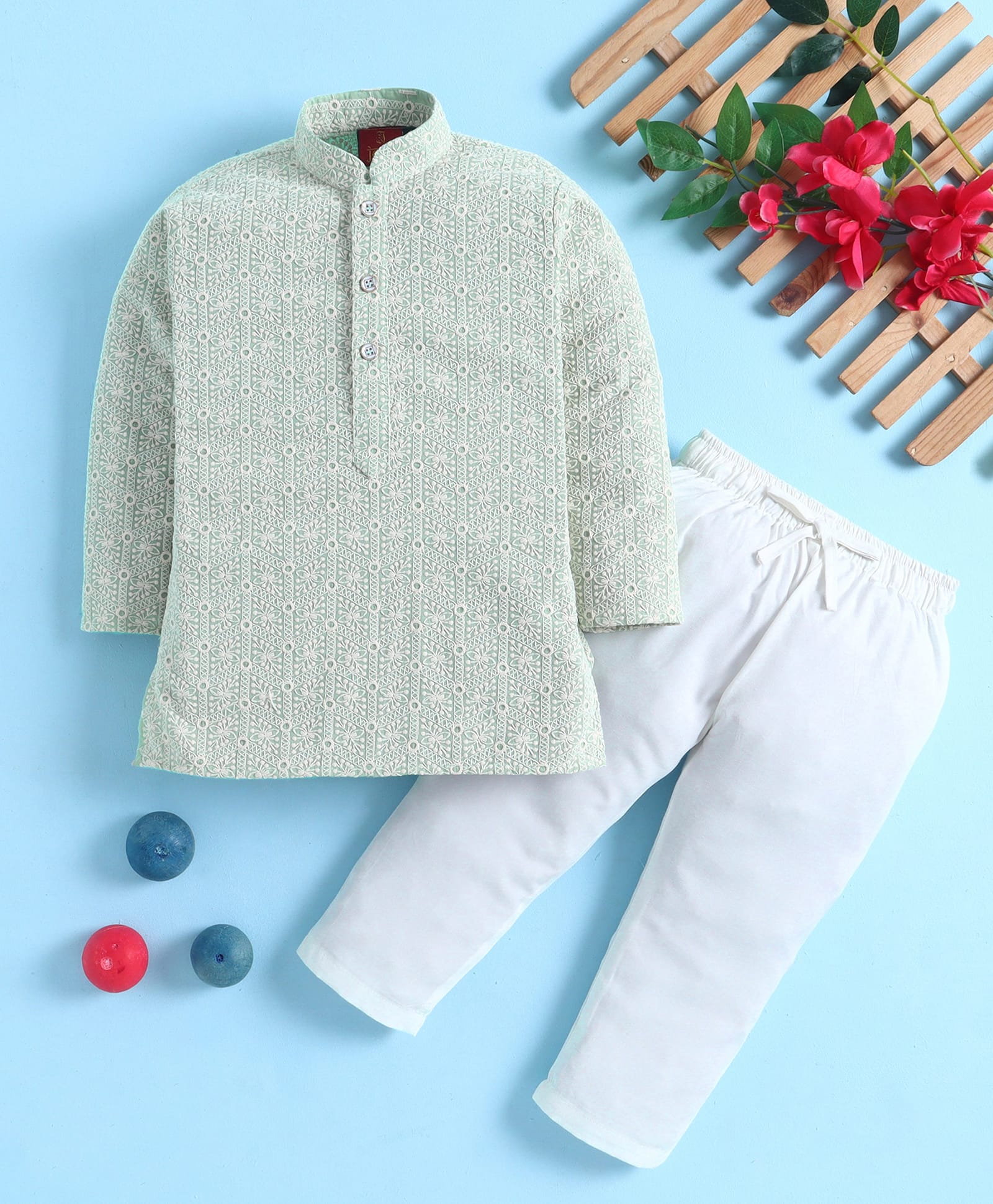 Jeet Ethnics Cotton Blend Knit Full Sleeves Geometric Pattern Embroidered Kurta & Pyjama Set - Sea Green-image-48