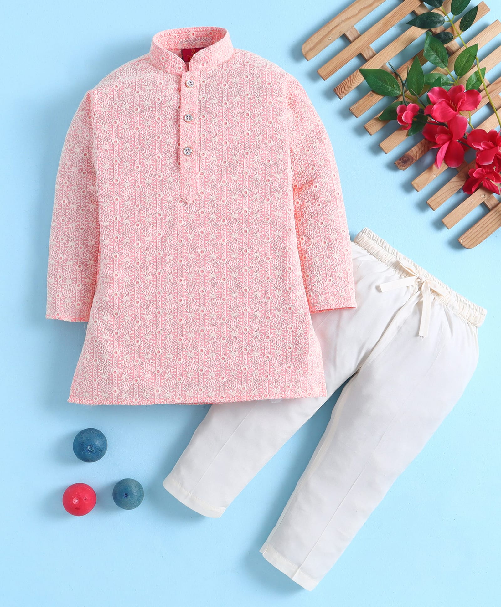Jeet Ethnics Cotton Blend Knit Full Sleeves Geometric Pattern Embroidered Kurta & Pyjama Set - Pink-image-45