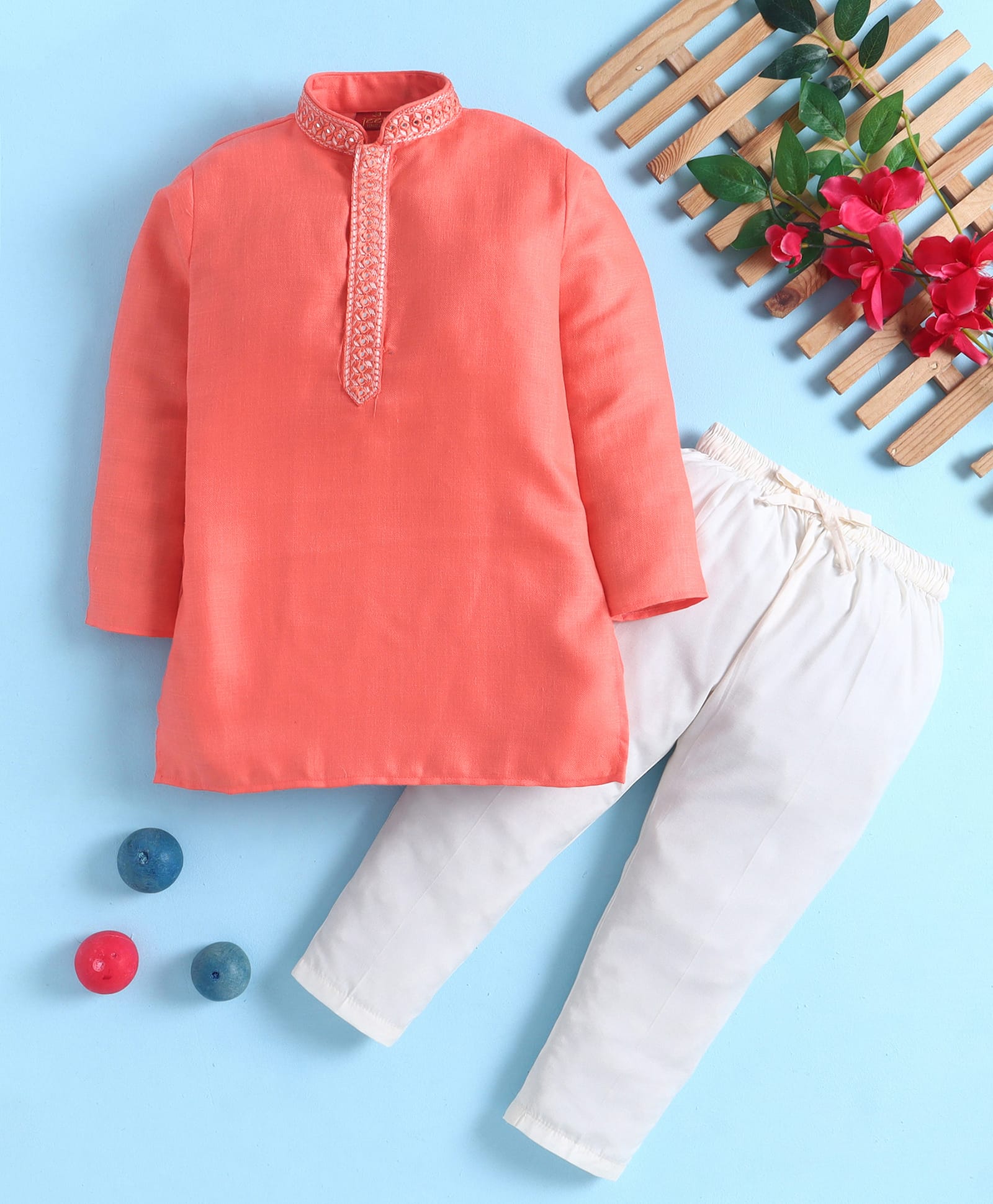Jeet Ethnics Cotton Blend Knit Full Sleeves Mirror Work Embellished Kurta & Pyjama Set - Peach-picture-17
