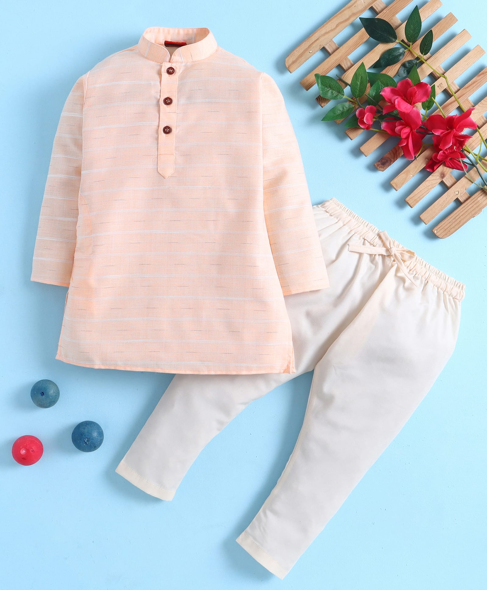 Jeet Ethnics Cotton Blend Knit Full Sleeves Striped Printed Kurta & Pyjama Set - Peach-picture-29