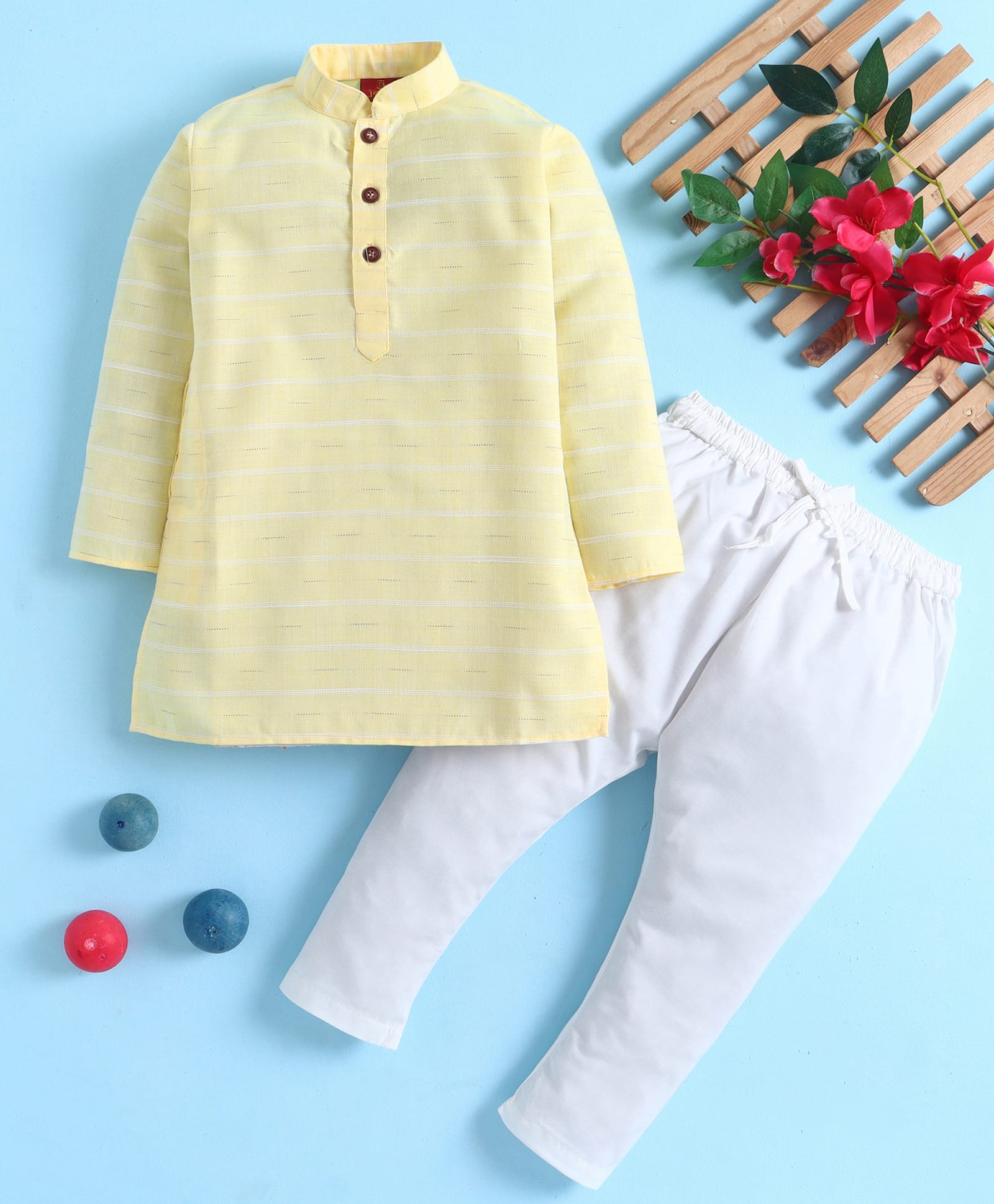 Jeet Ethnics Cotton Blend Knit Full Sleeves Striped Printed Kurta & Pyjama Set - Yellow-picture-46