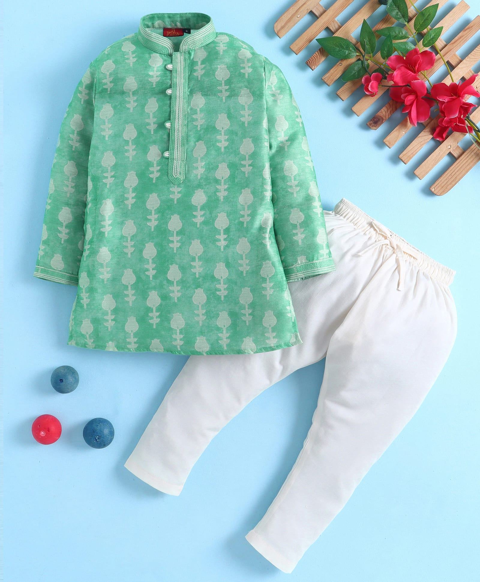 Jeet Ethnics Cotton Blend Knit Full Sleeves Ethnic Motifs Printed Kurta & Pyjama Set - Sea Green-picture-26